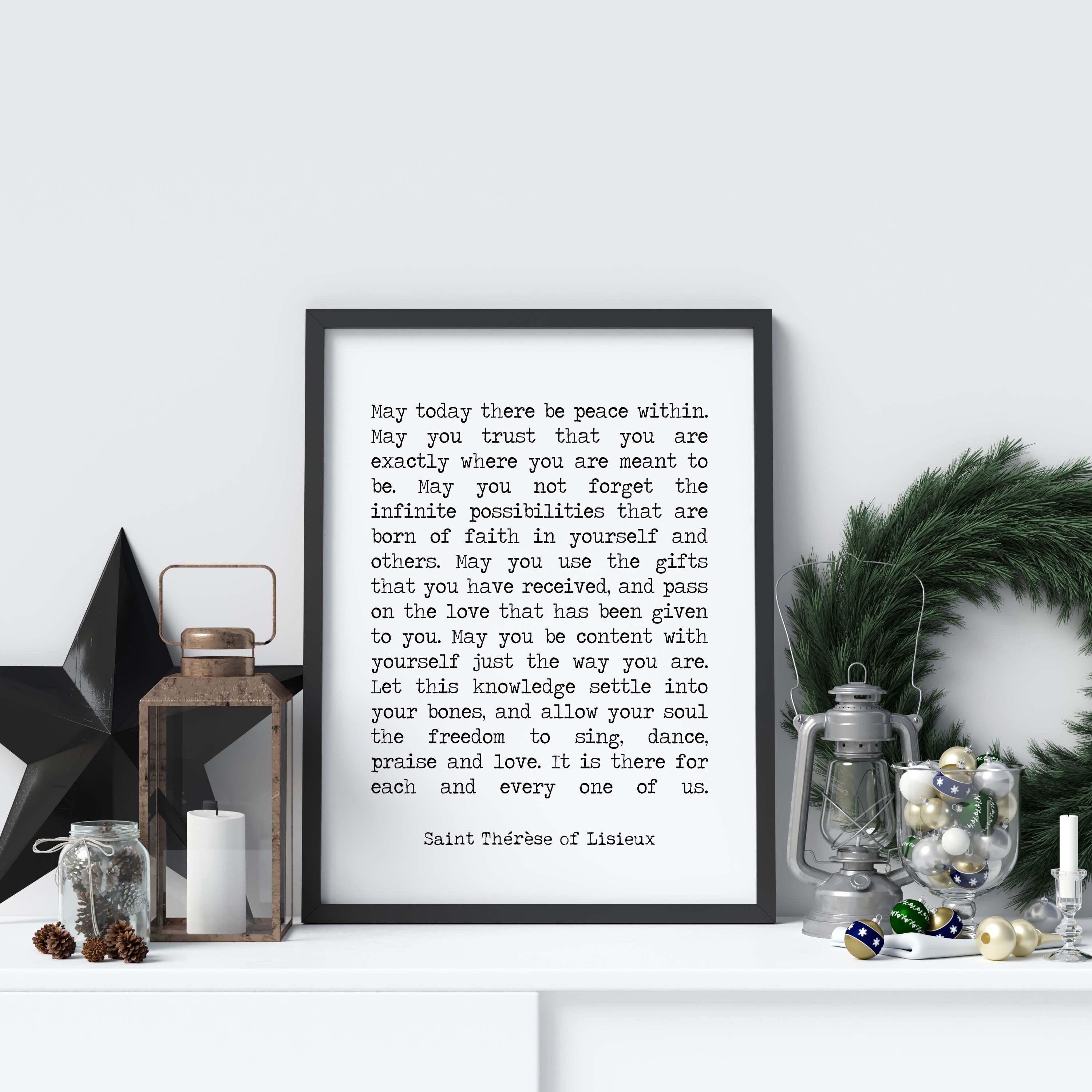 Framed Quote St Therese Of Lisieux Peace Quote Framed Art Print In Black & White, May Today There Be Peace Inspirational Wall Art Prints