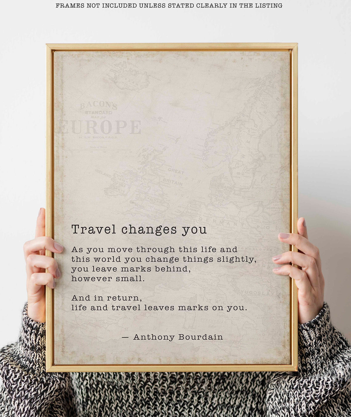 Anthony Bourdain Travel Quote Print Literary Wall Art With Vintage Map Background