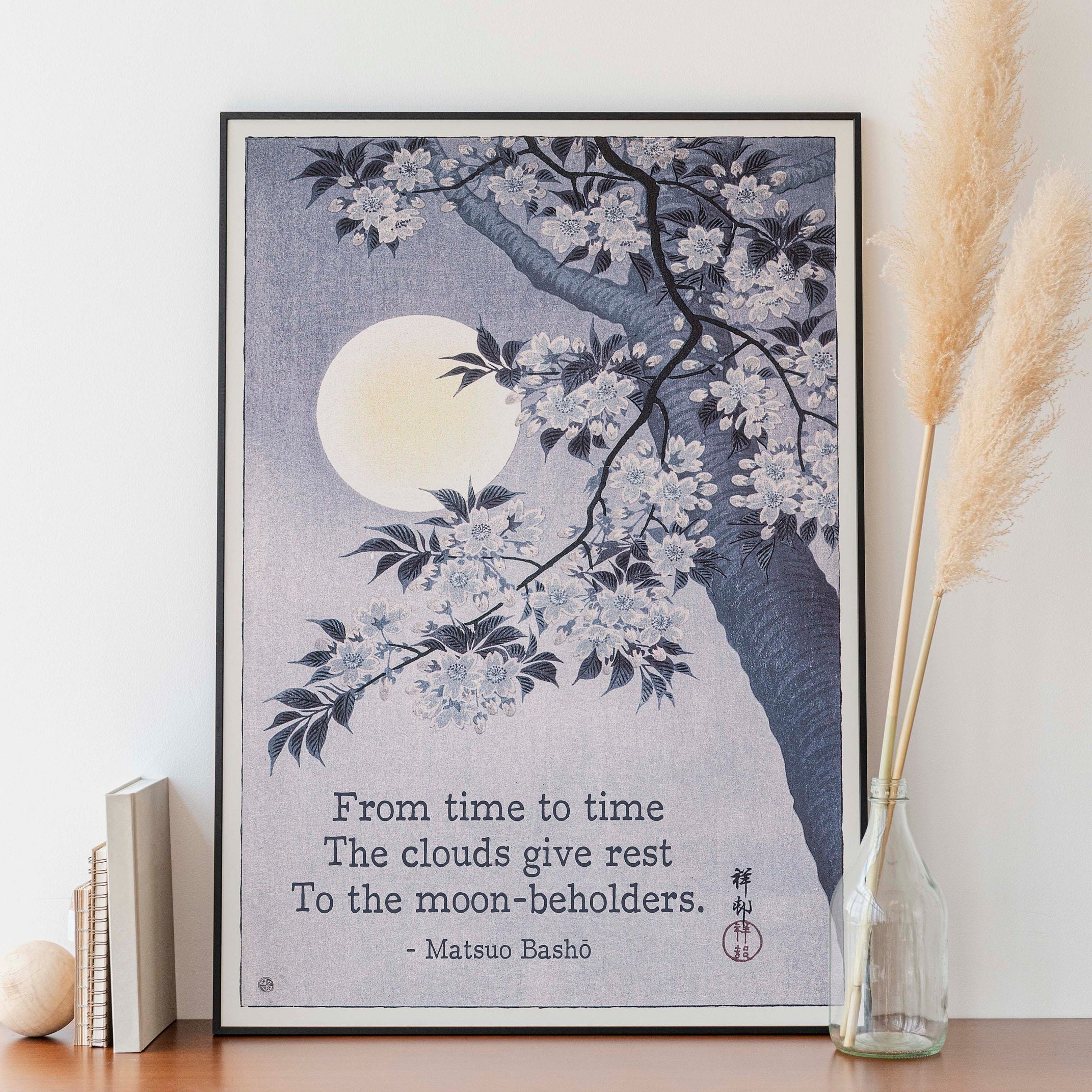 Matsuo Bashō Haiku Print, Moon and Blossom Japanese Poetry Wall Art