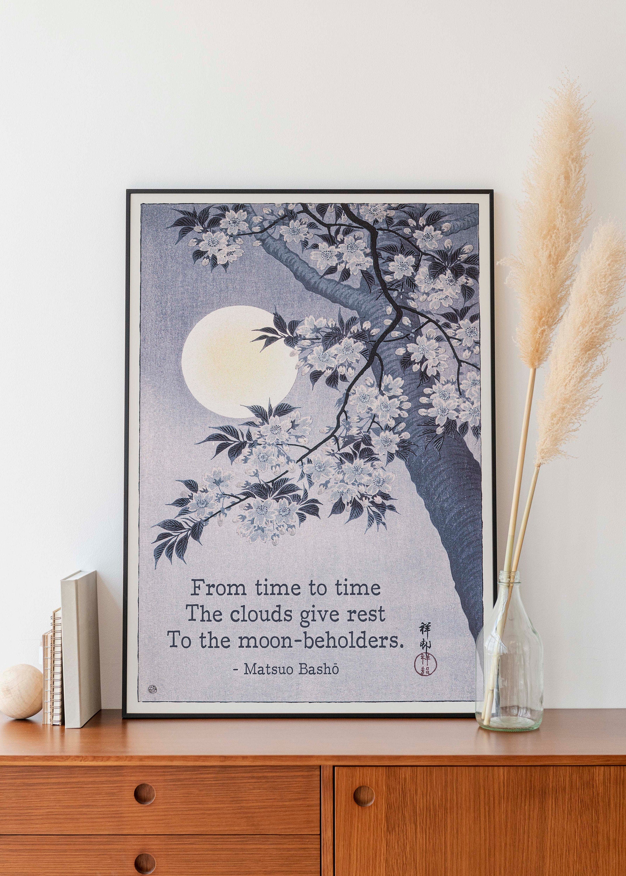 Matsuo Bashō Haiku Print, Moon and Blossom Japanese Poetry Wall Art