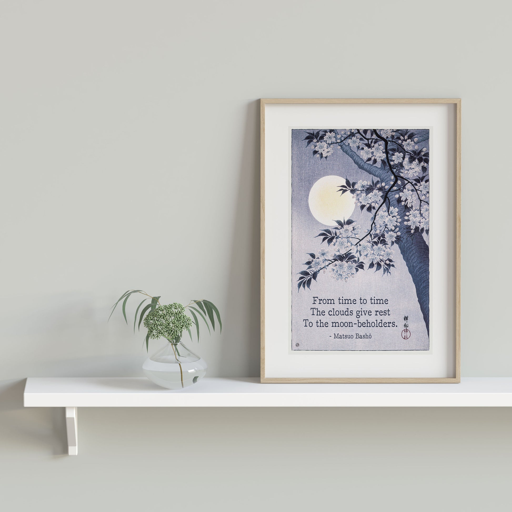 Matsuo Bashō Haiku Print, Moon and Blossom Japanese Poetry Wall Art