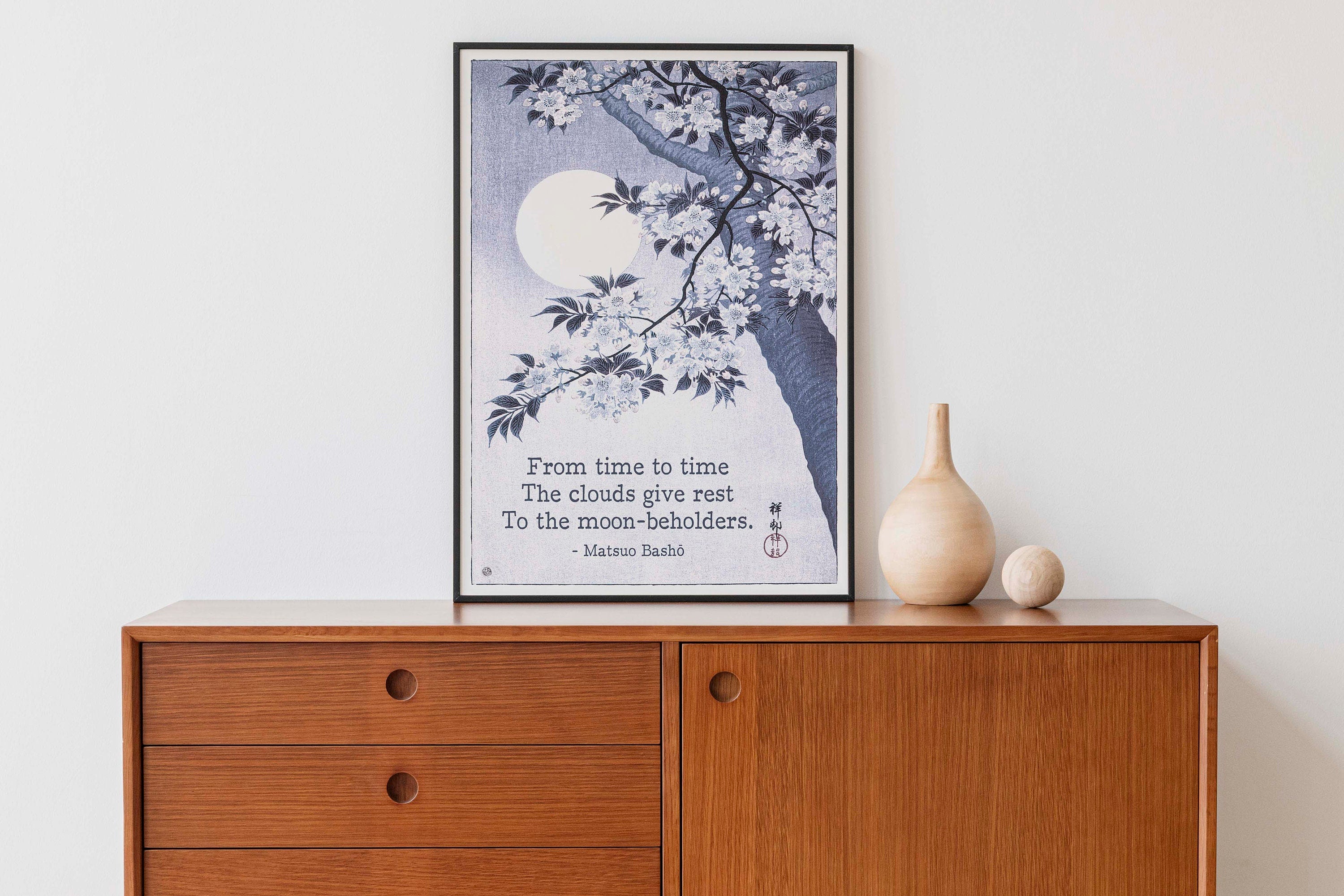 Matsuo Bashō Haiku Print, Moon and Blossom Japanese Poetry Wall Art