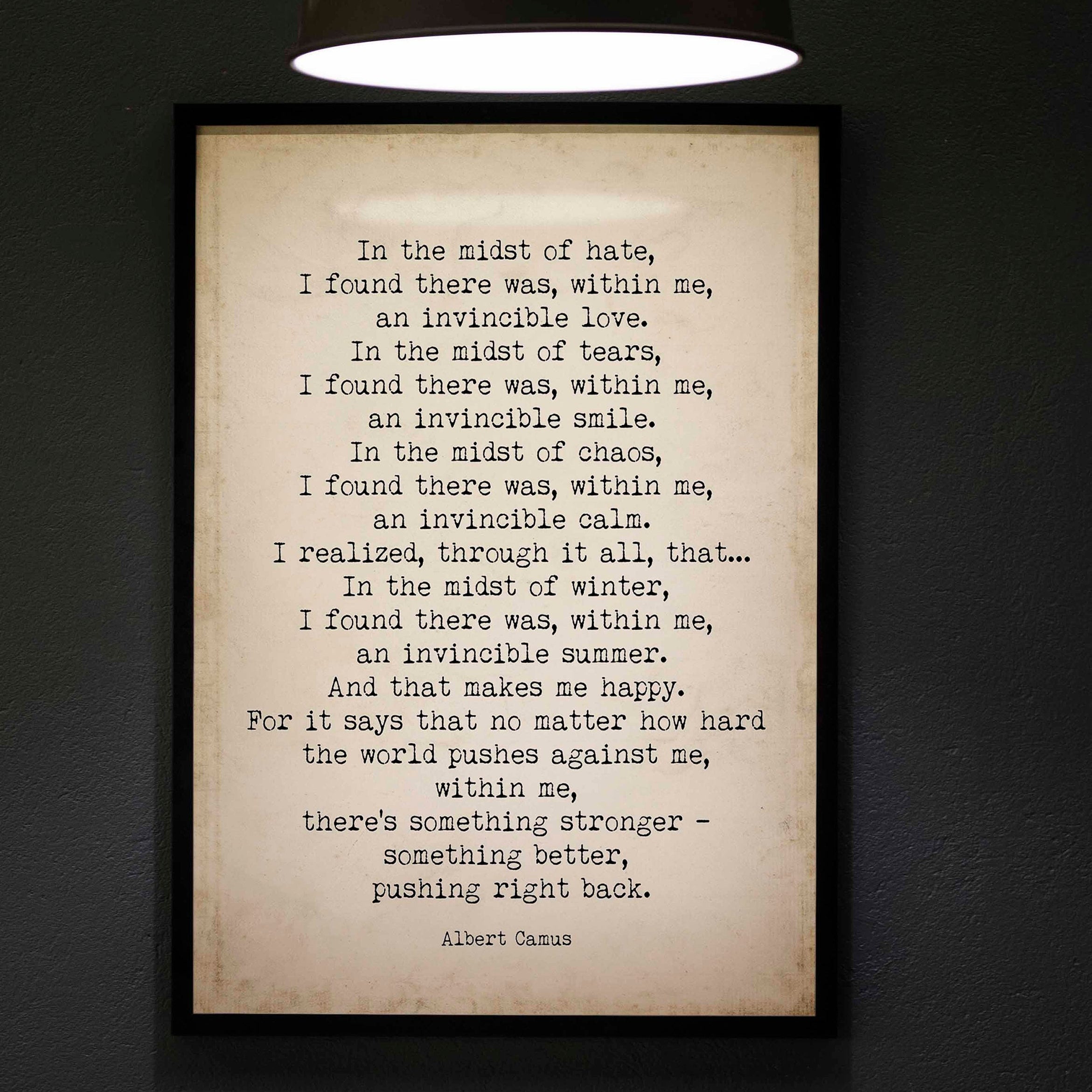 Albert Camus Invincible Summer Print - Vintage Page Background, FRAMED and UNFRAMED OPTIONS