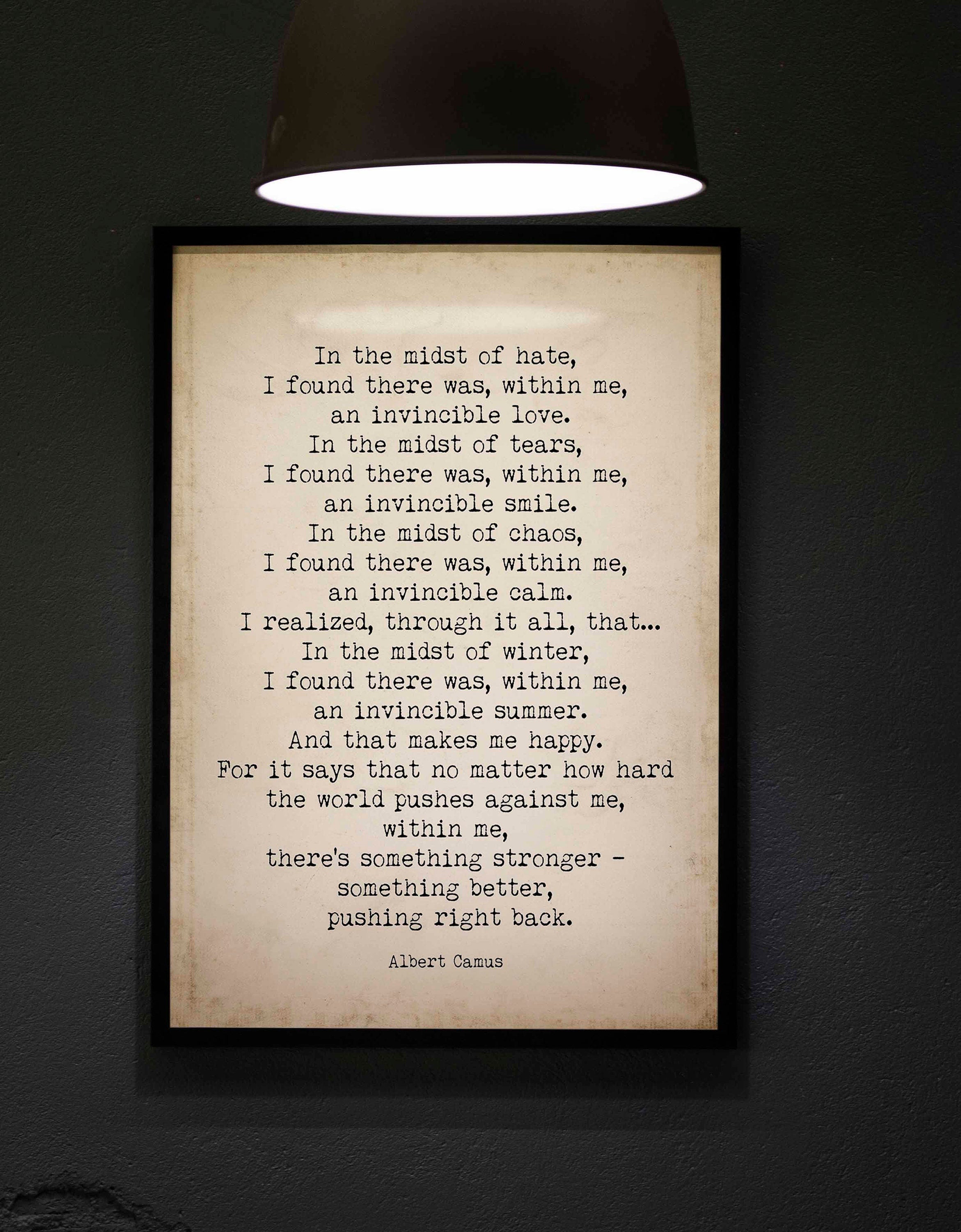 Albert Camus Invincible Summer Print - Vintage Page Background, FRAMED and UNFRAMED OPTIONS