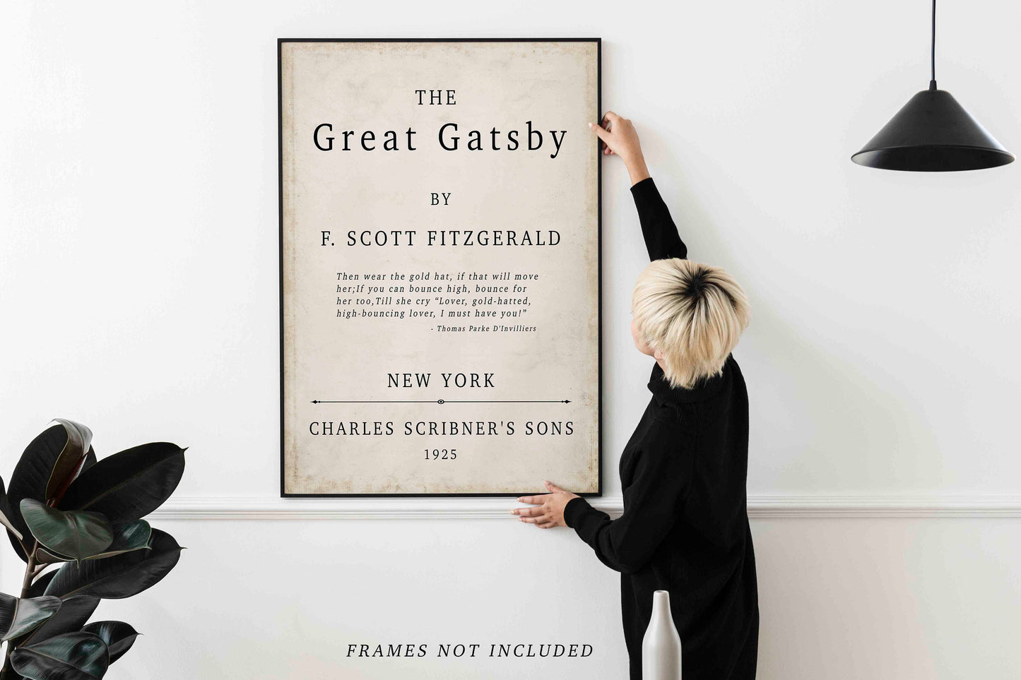 The Great Gatsby Book Cover Print F Scott Fitzgerald 1925 Vintage Title Page Wall Art Classic Literature Poster Gold Hat Book Quote Decor