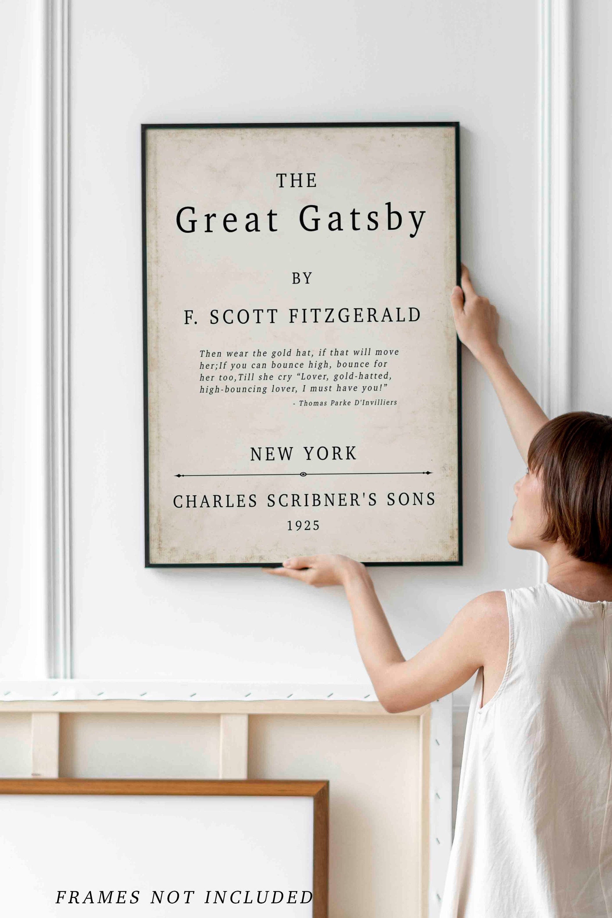 The Great Gatsby Book Cover Print F Scott Fitzgerald 1925 Vintage Title Page Wall Art Classic Literature Poster Gold Hat Book Quote Decor