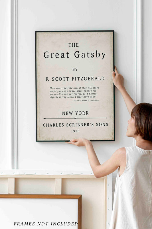 The Great Gatsby Book Cover Print F Scott Fitzgerald 1925 Vintage Title Page Wall Art Classic Literature Poster Gold Hat Book Quote Decor