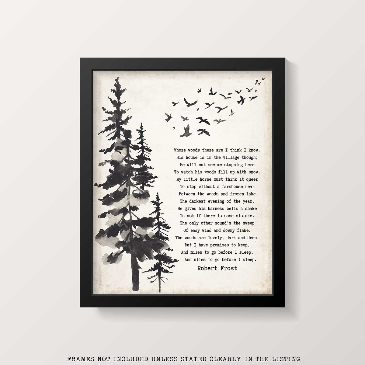 Framed Art Robert Frost Stopping by the Woods on a Snowy Evening Wall Art Print in Black & White for Home Wall Decor