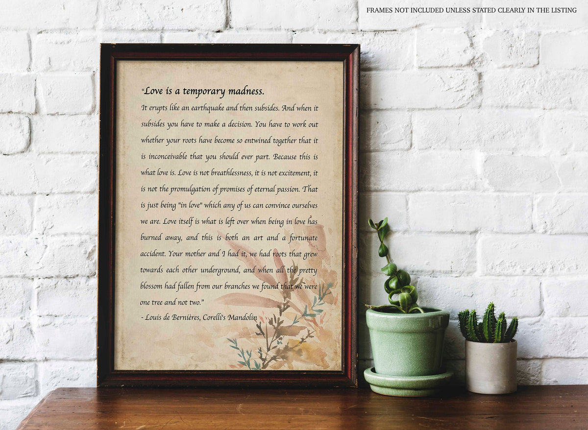 Louis de Bernières love is a temporary madness quote print