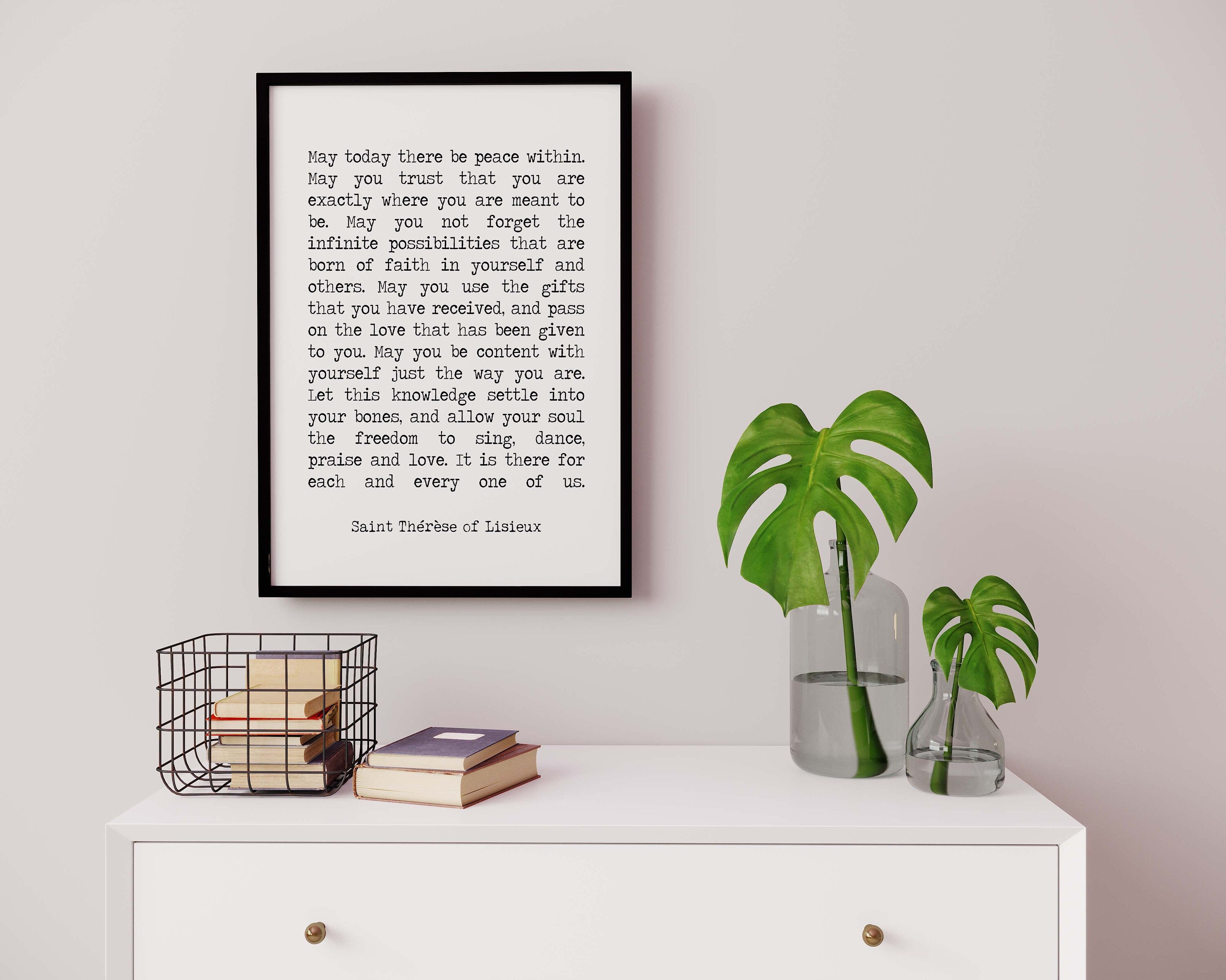 Framed Quote St Therese Of Lisieux Peace Quote Framed Art Print In Black & White, May Today There Be Peace Inspirational Wall Art Prints