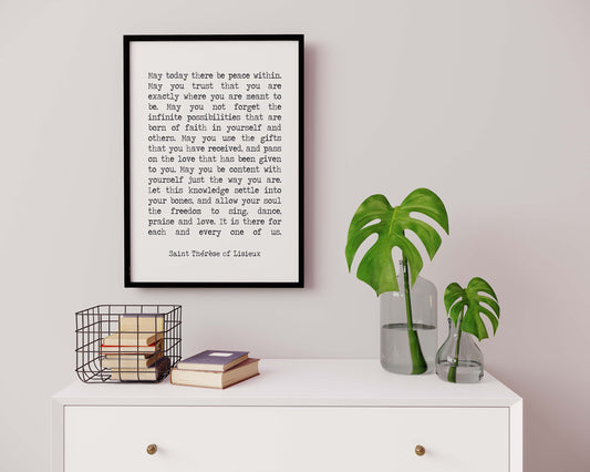 Framed Quote St Therese Of Lisieux Peace Quote Framed Art Print In Black & White, May Today There Be Peace Inspirational Wall Art Prints