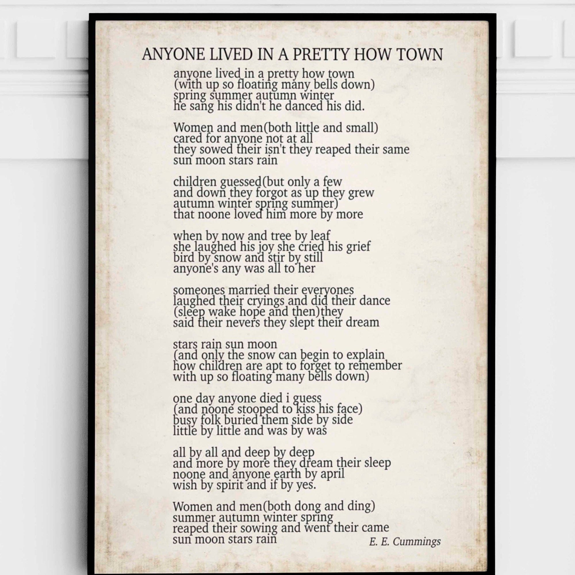 E E Cummings poem print, anyone lived in a pretty how town poem