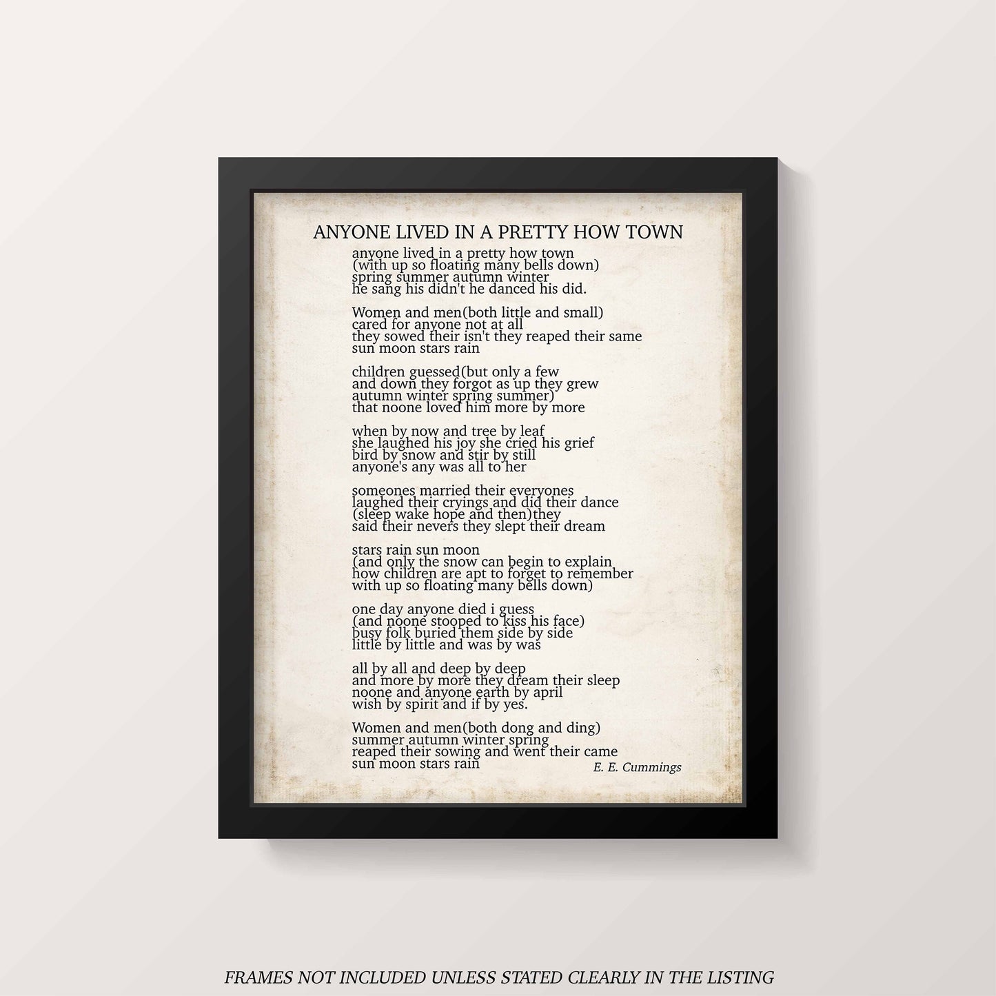 E E Cummings poem print, anyone lived in a pretty how town poem