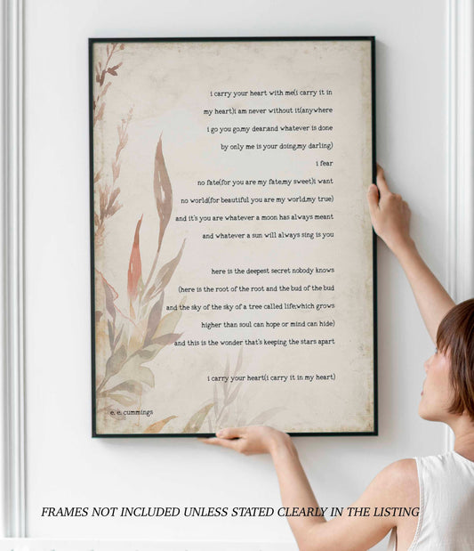 Framed e e cummings i carry your heart poem print