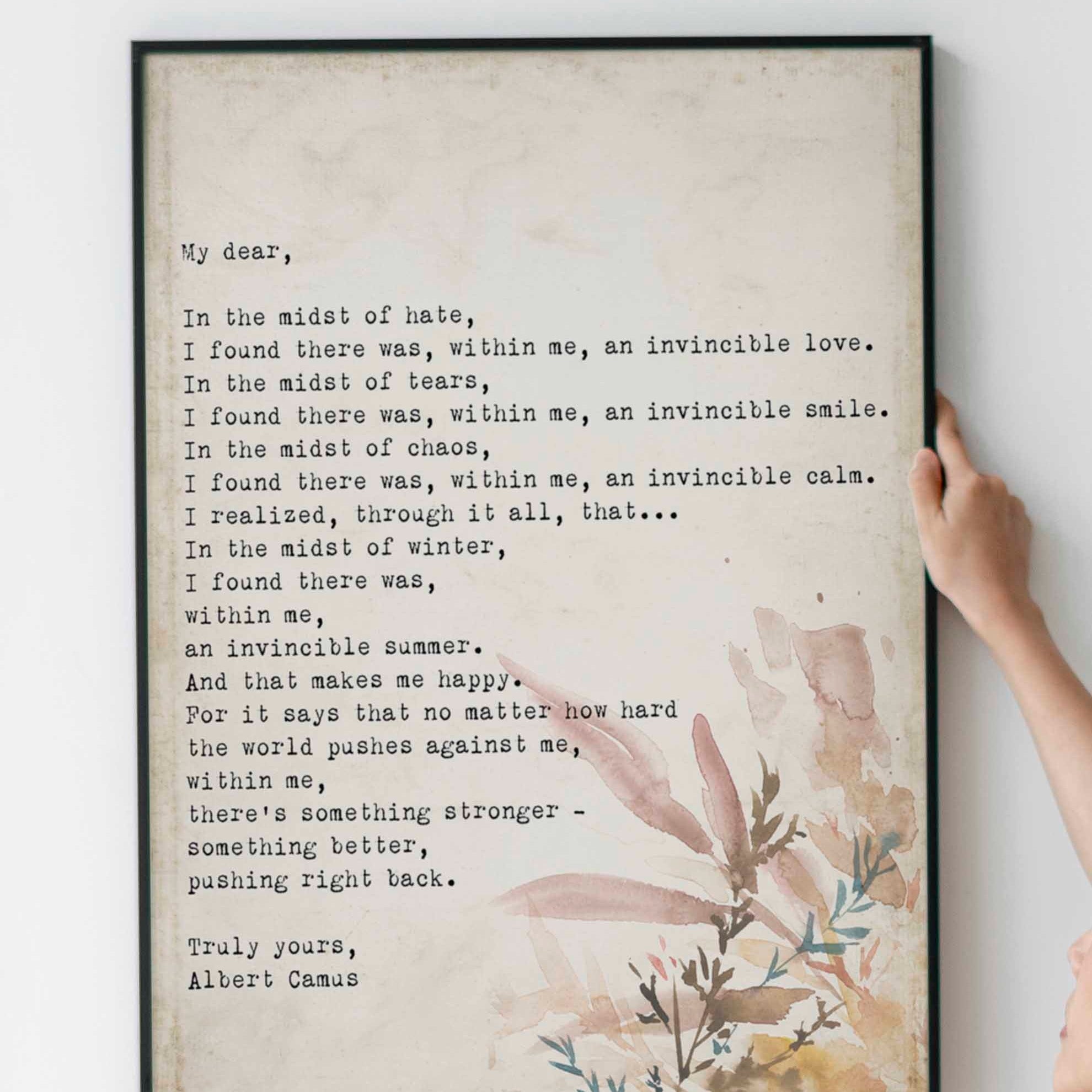 Albert Camus Invincible Summer Wall Art Print, Literature Quote Art Print