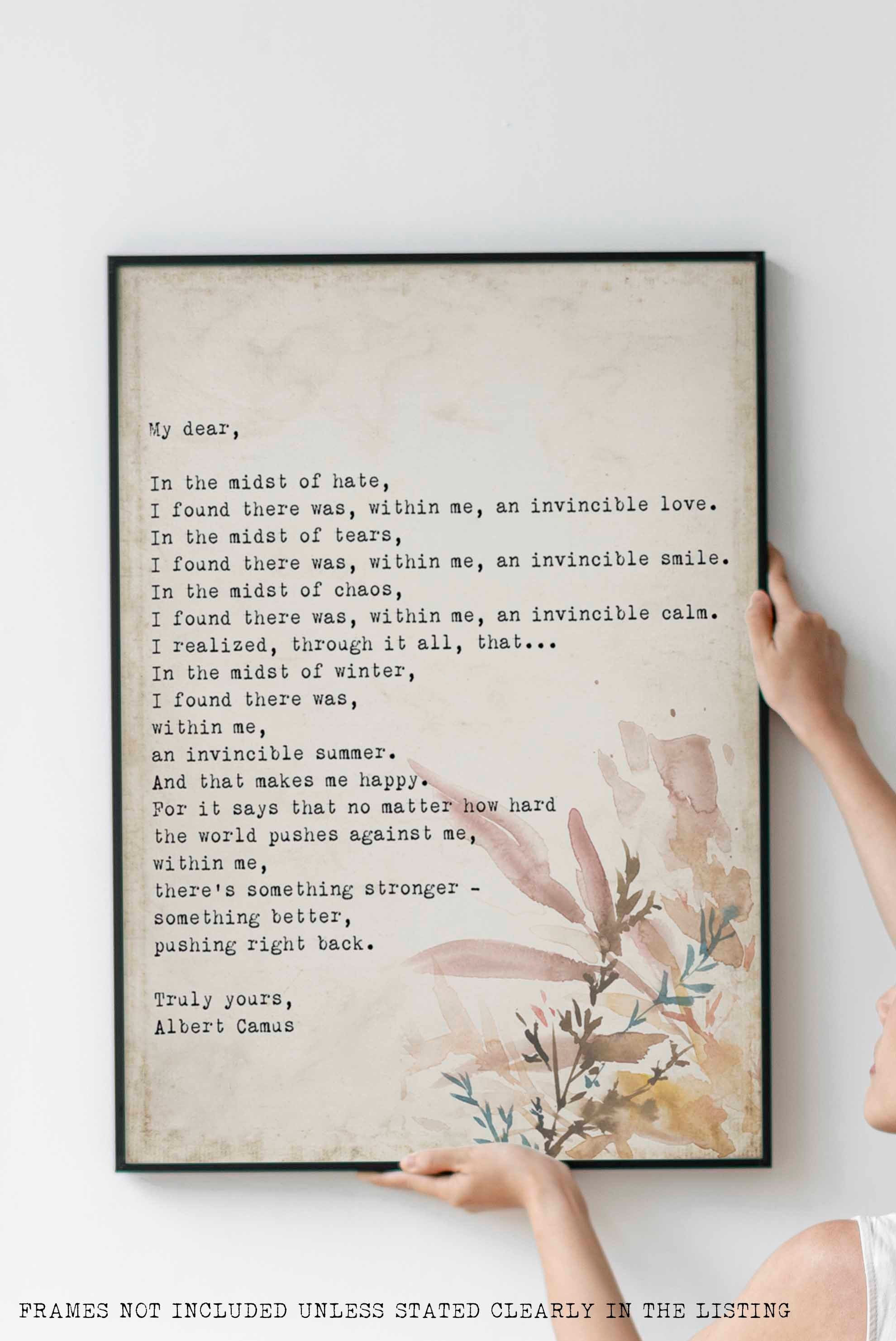 Albert Camus Invincible Summer Wall Art Print, Literature Quote Art Print