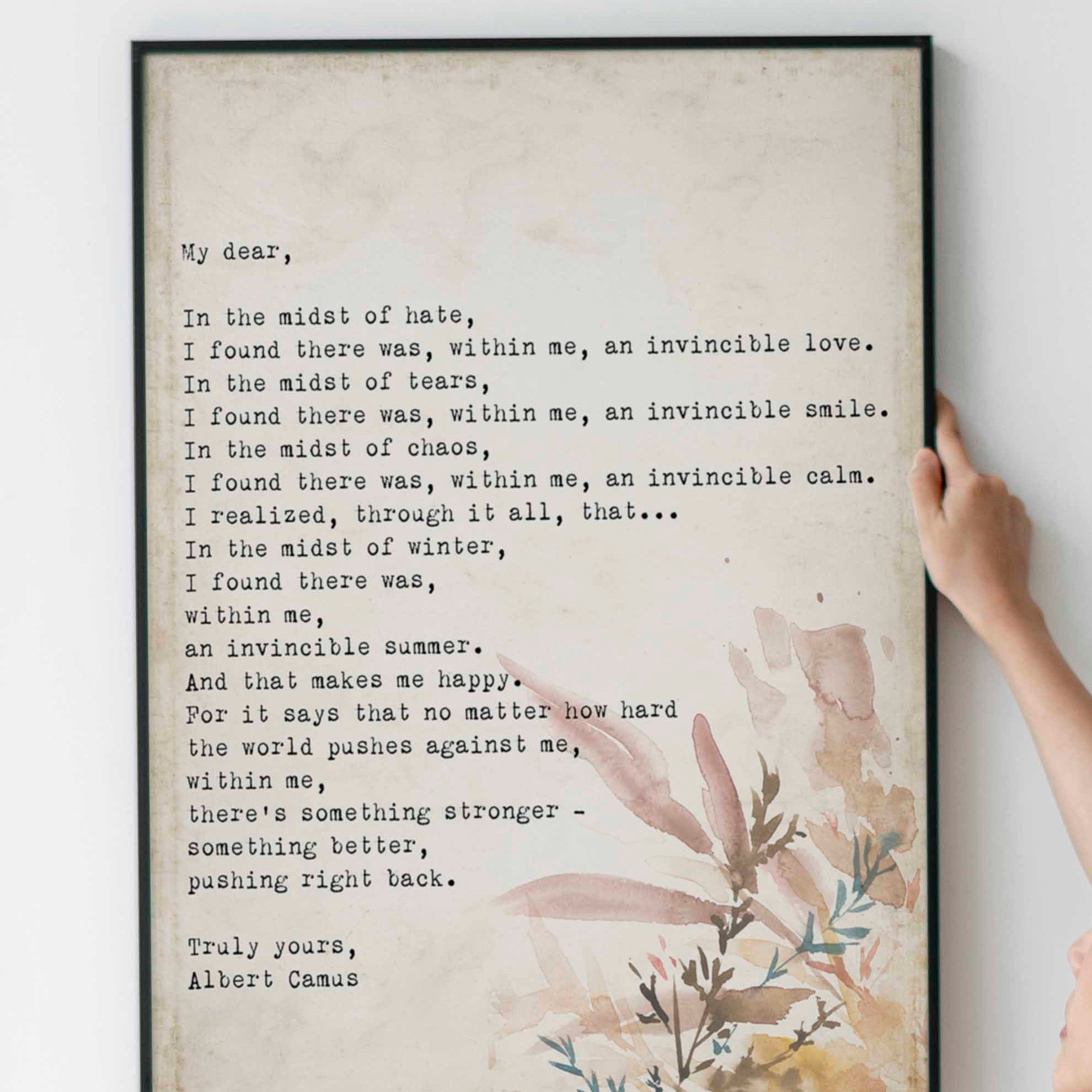 Albert Camus Invincible Summer Quote Print, Literary Wall Art