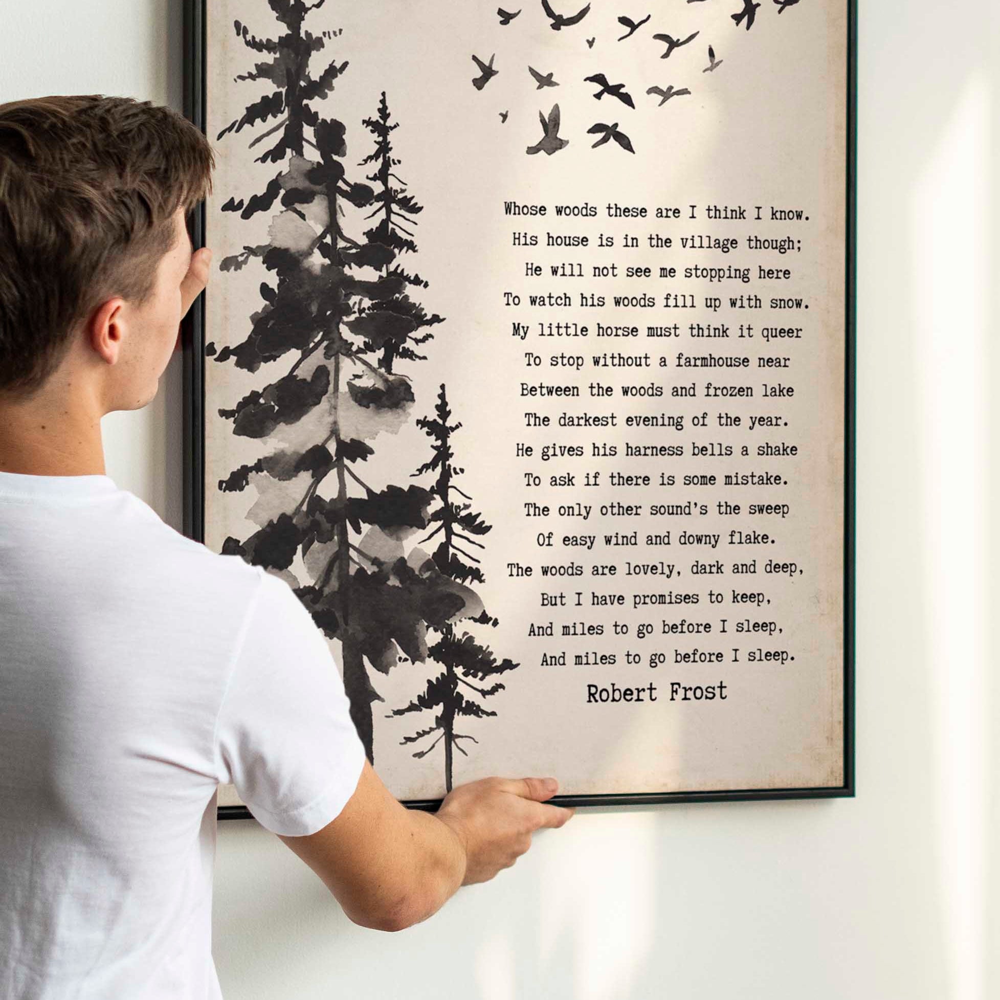 Framed Art Robert Frost Stopping by the Woods on a Snowy Evening Wall Art Print in Black & White for Home Wall Decor