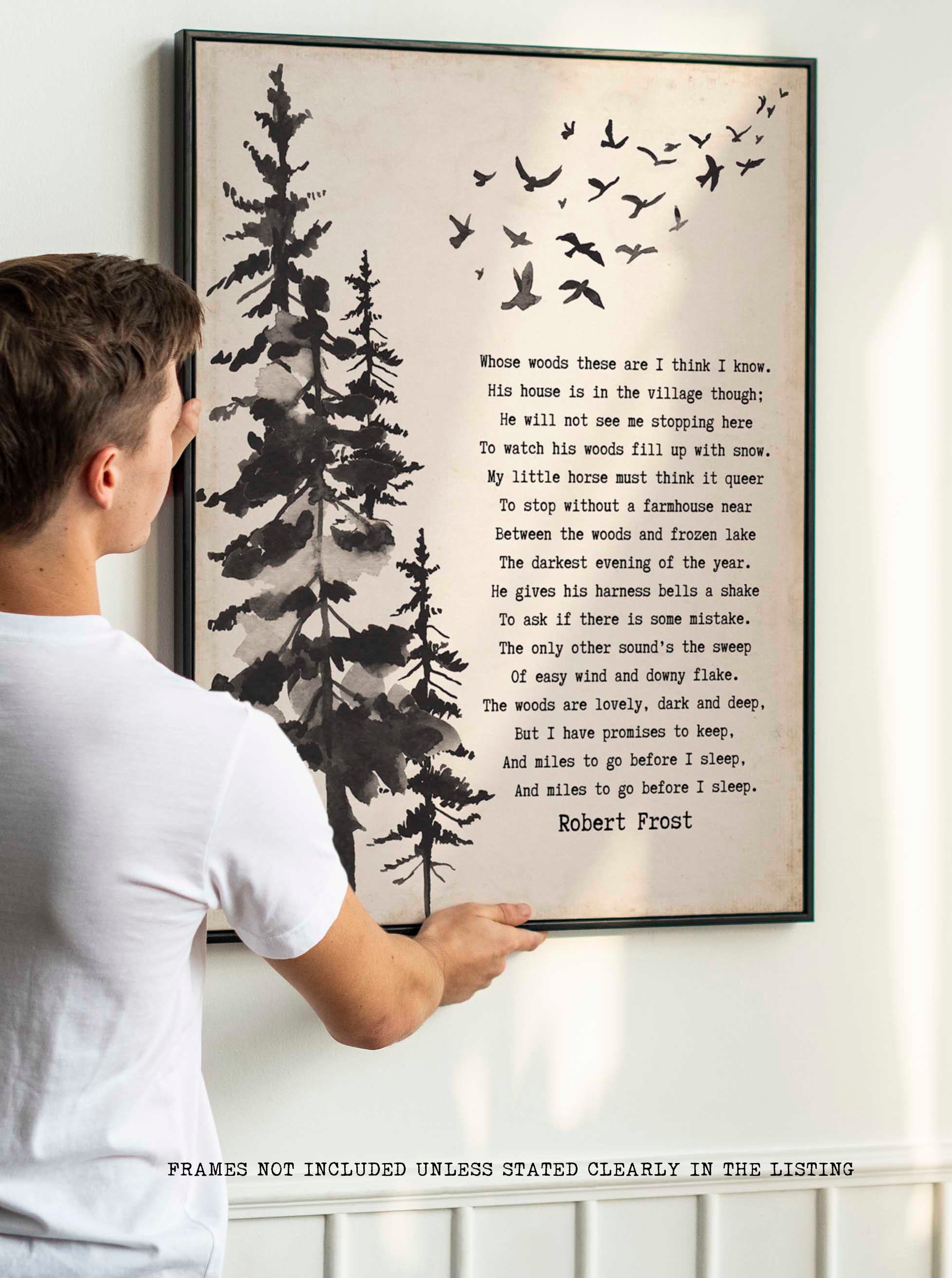 Framed Art Robert Frost Stopping by the Woods on a Snowy Evening Wall Art Print in Black & White for Home Wall Decor