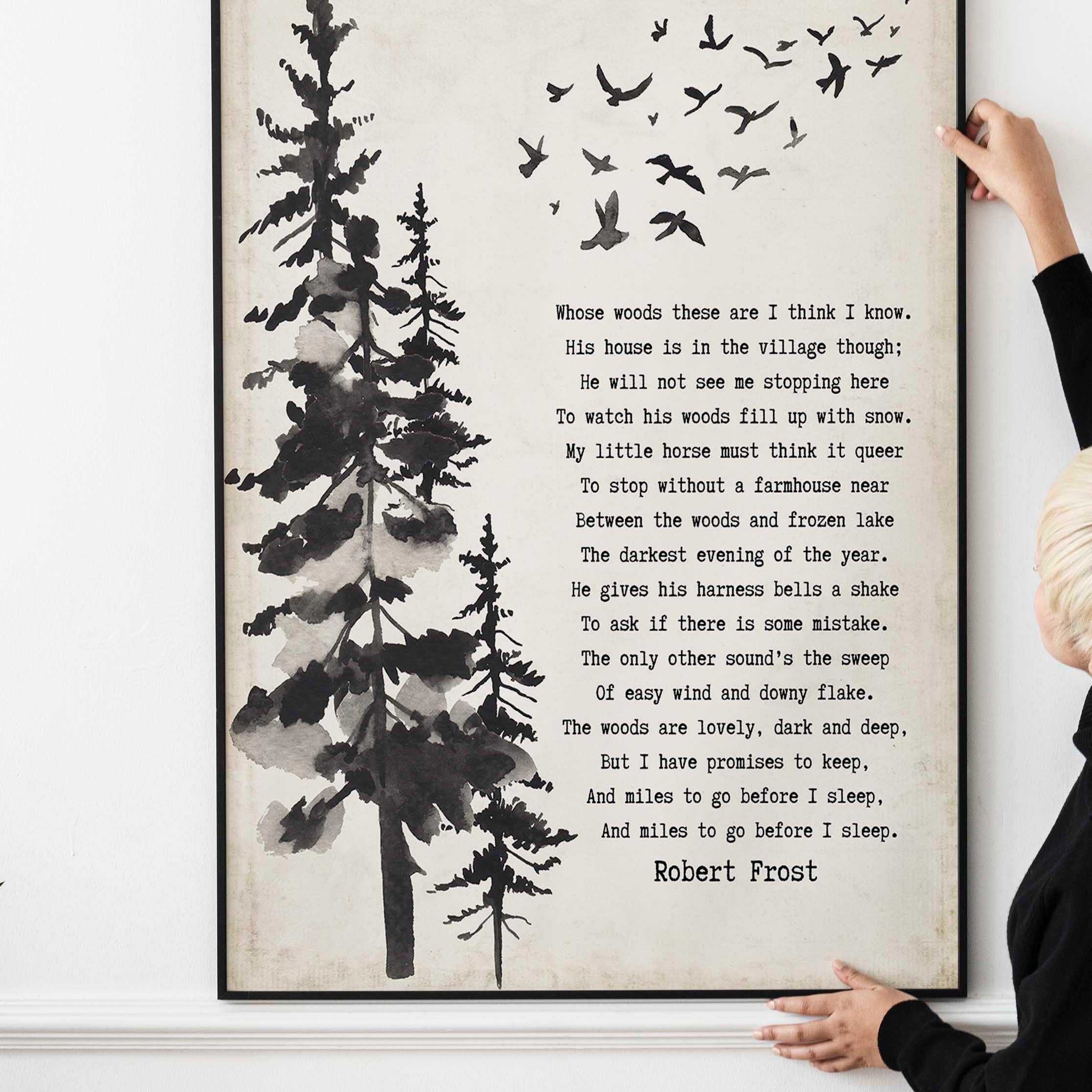 Framed Art Robert Frost Stopping by the Woods on a Snowy Evening Wall Art Print in Black & White for Home Wall Decor