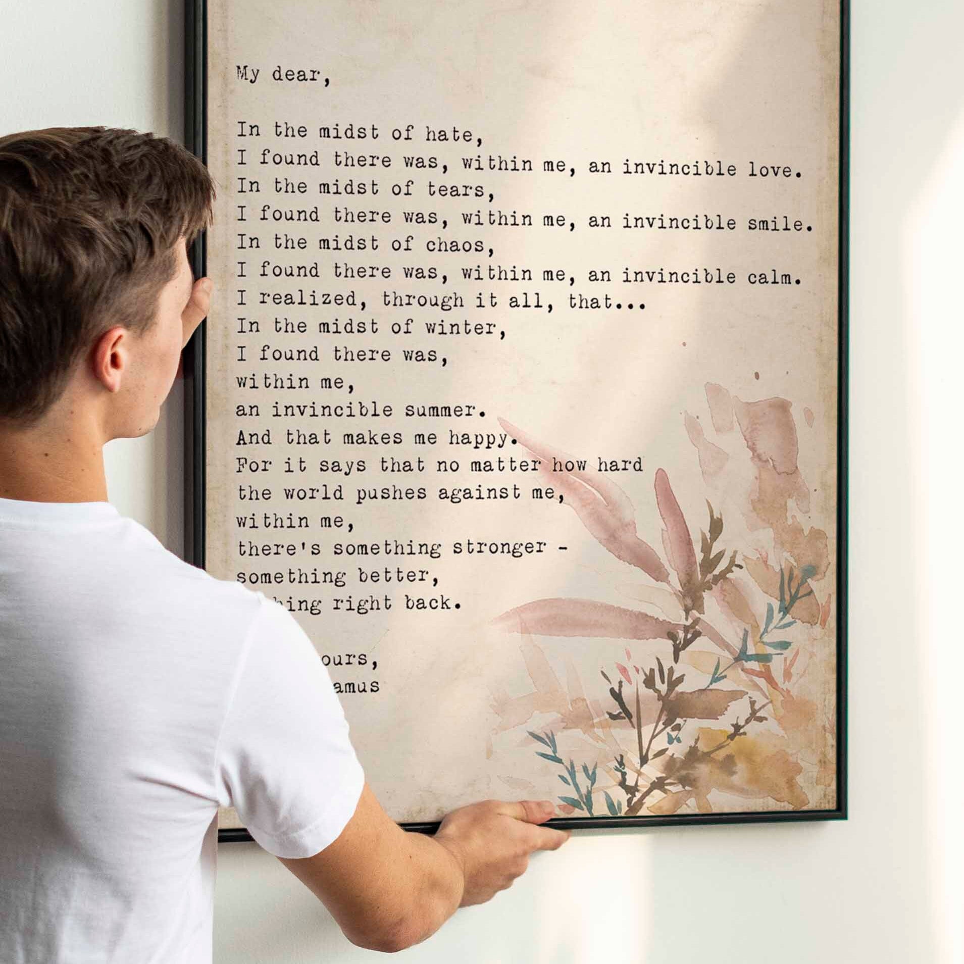Albert Camus Invincible Summer Wall Art Print, Literature Quote Art Print