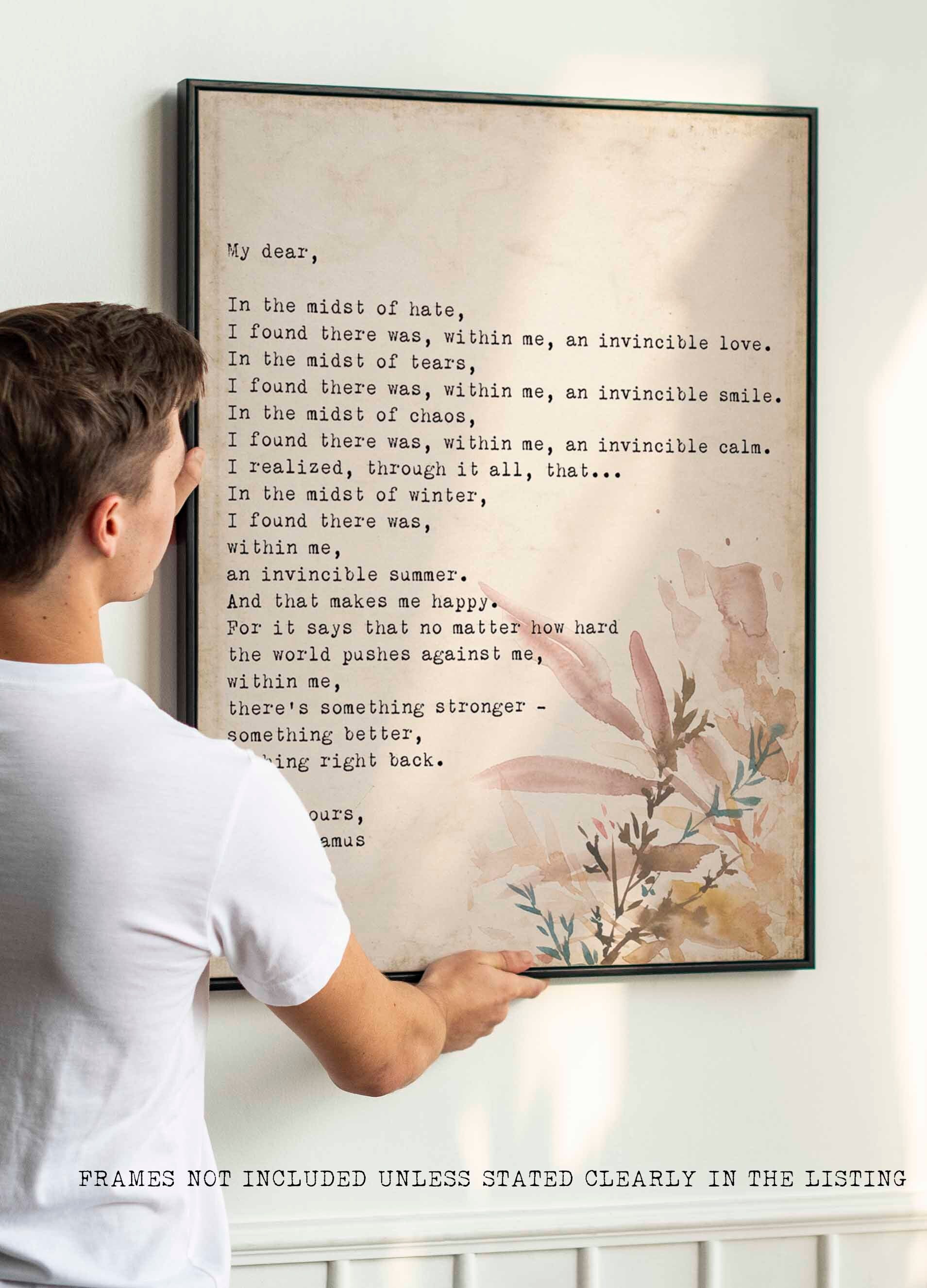 Albert Camus Invincible Summer Wall Art Print, Literature Quote Art Print