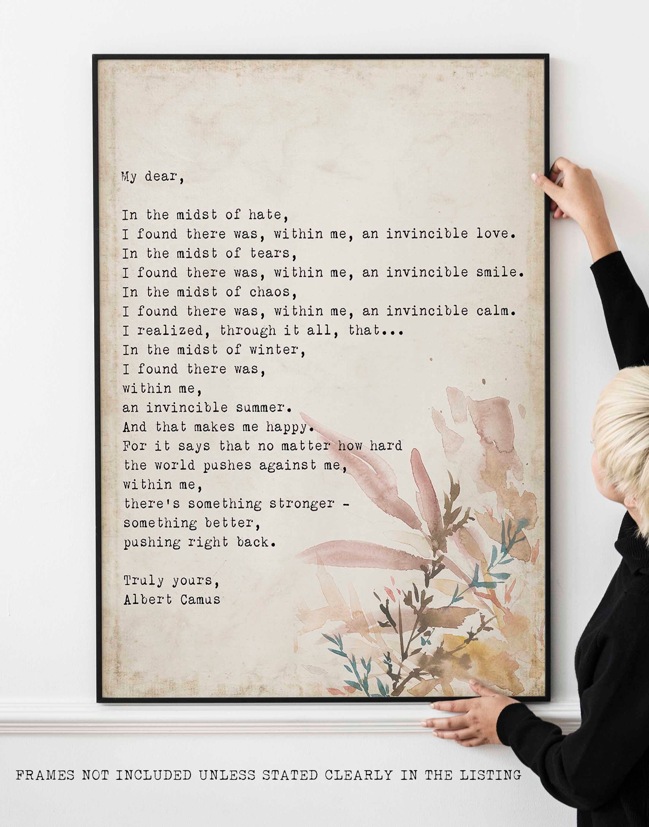 Albert Camus Invincible Summer Wall Art Print, Literature Quote Art Print