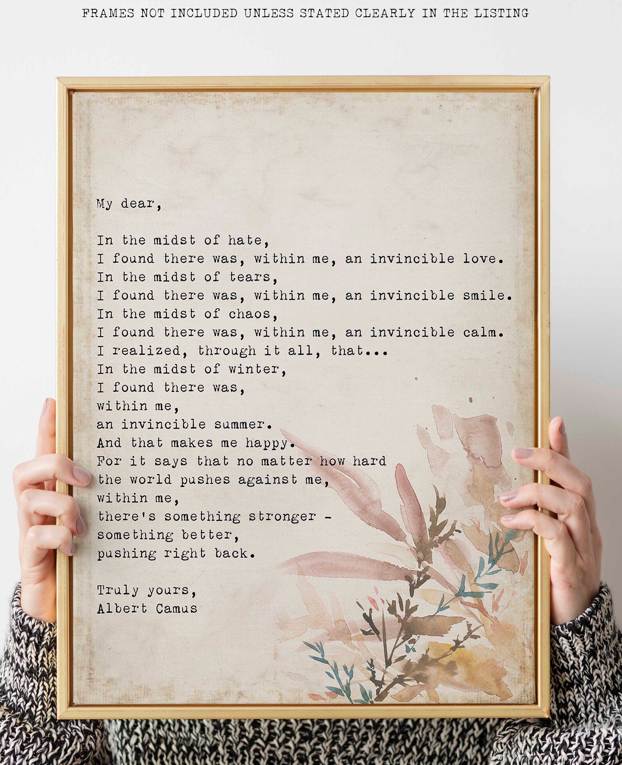 Albert Camus Invincible Summer Wall Art Print, Literature Quote Art Print