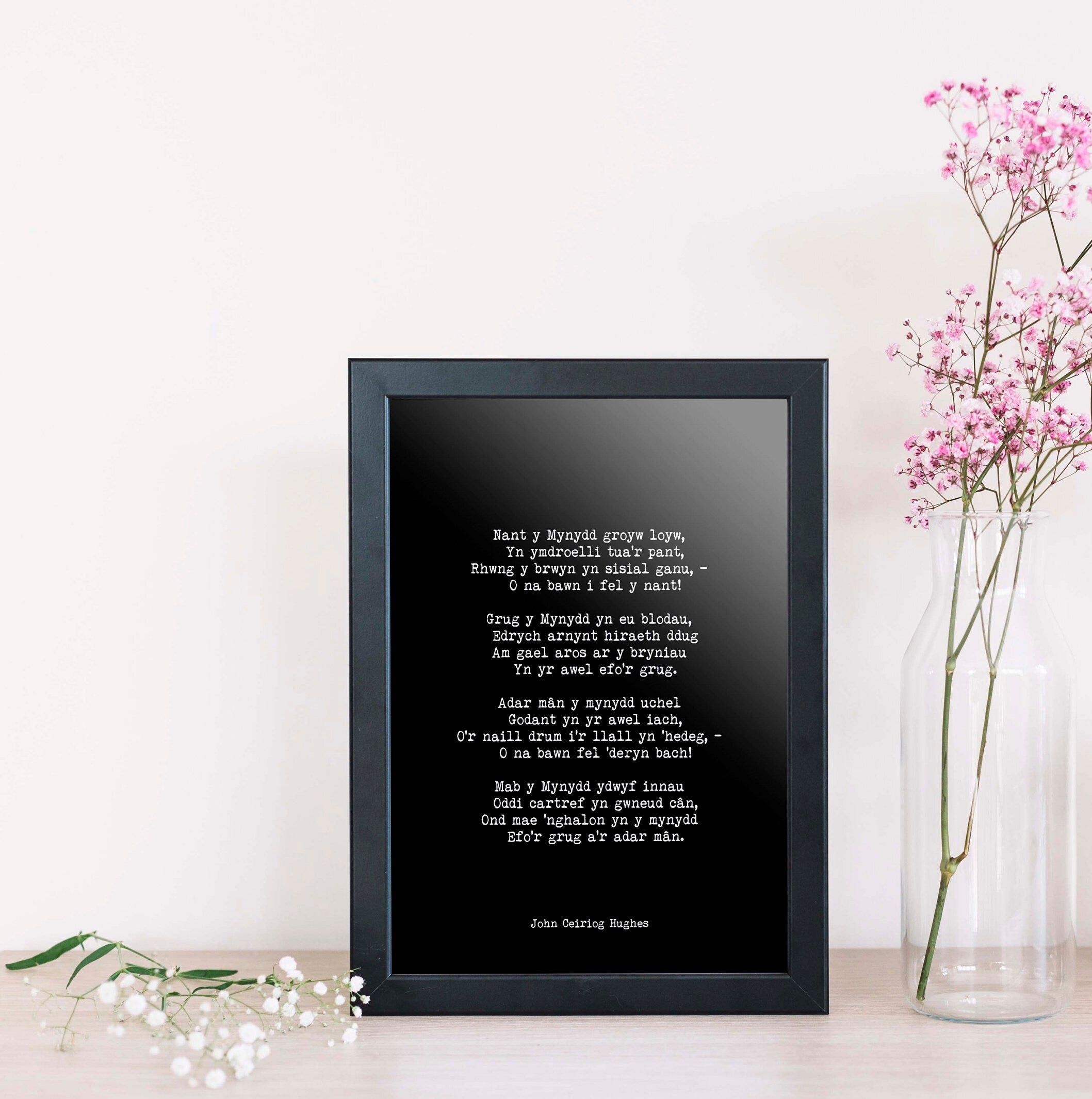 Nant Y Mynydd Welsh Poem Print, John Ceiriog Hughes Poetry Poster in Black & White for Home Wall Decor