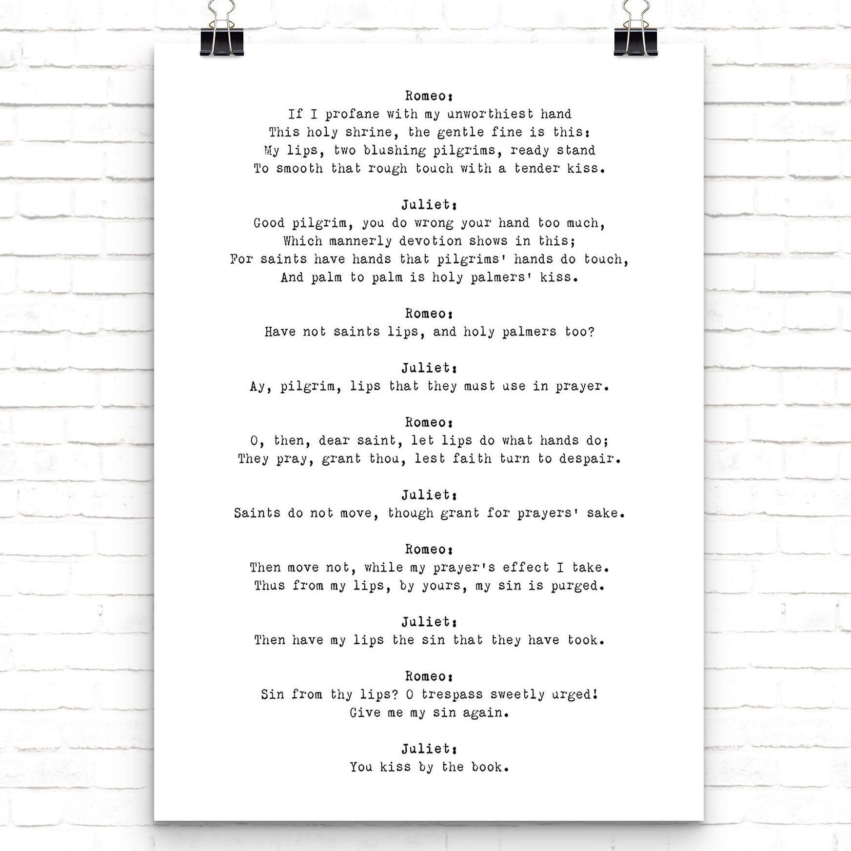 Romeo and Juliet Quote Love Print, Shakespeare Print in Black & White