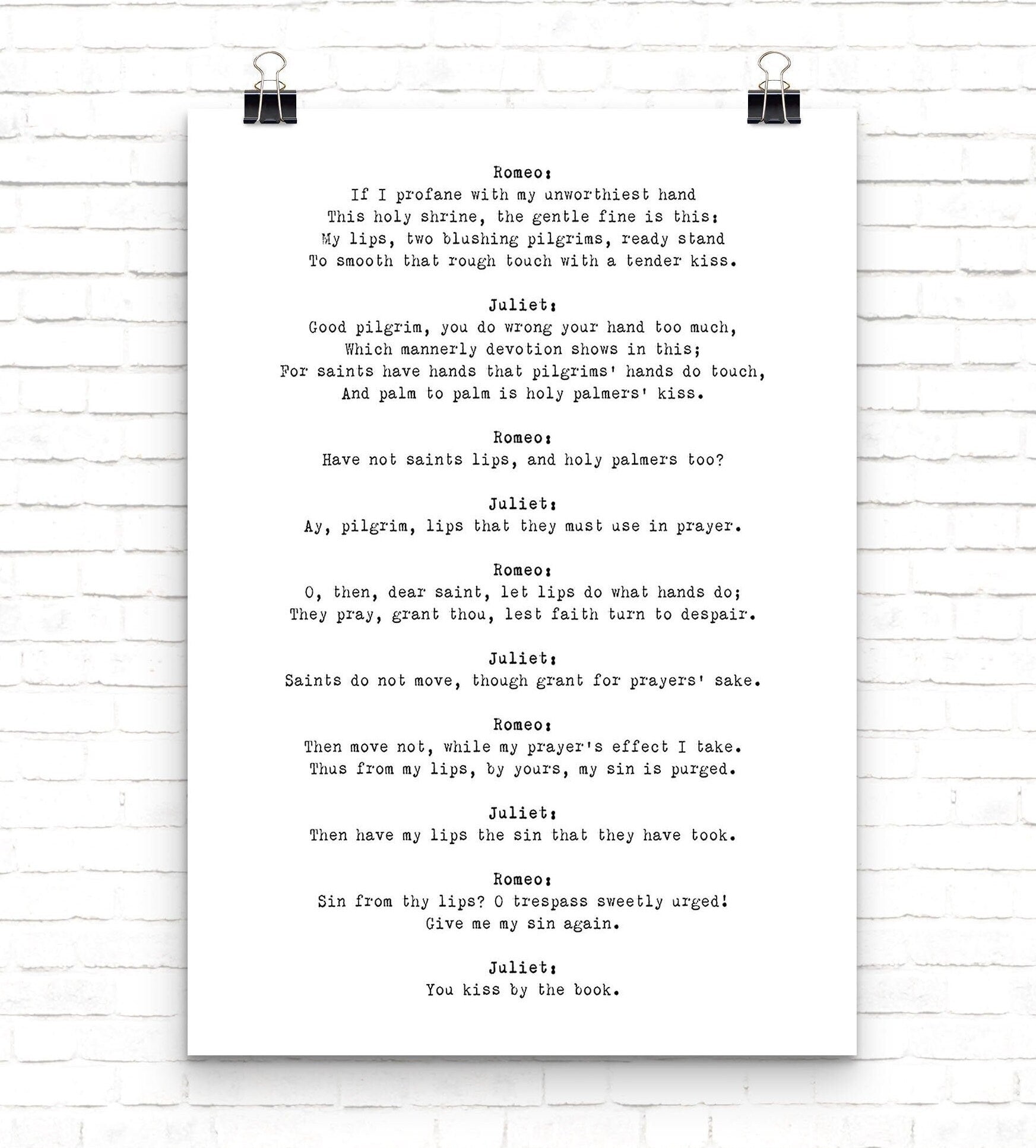 Romeo and Juliet Quote Love Print, Shakespeare Print in Black & White