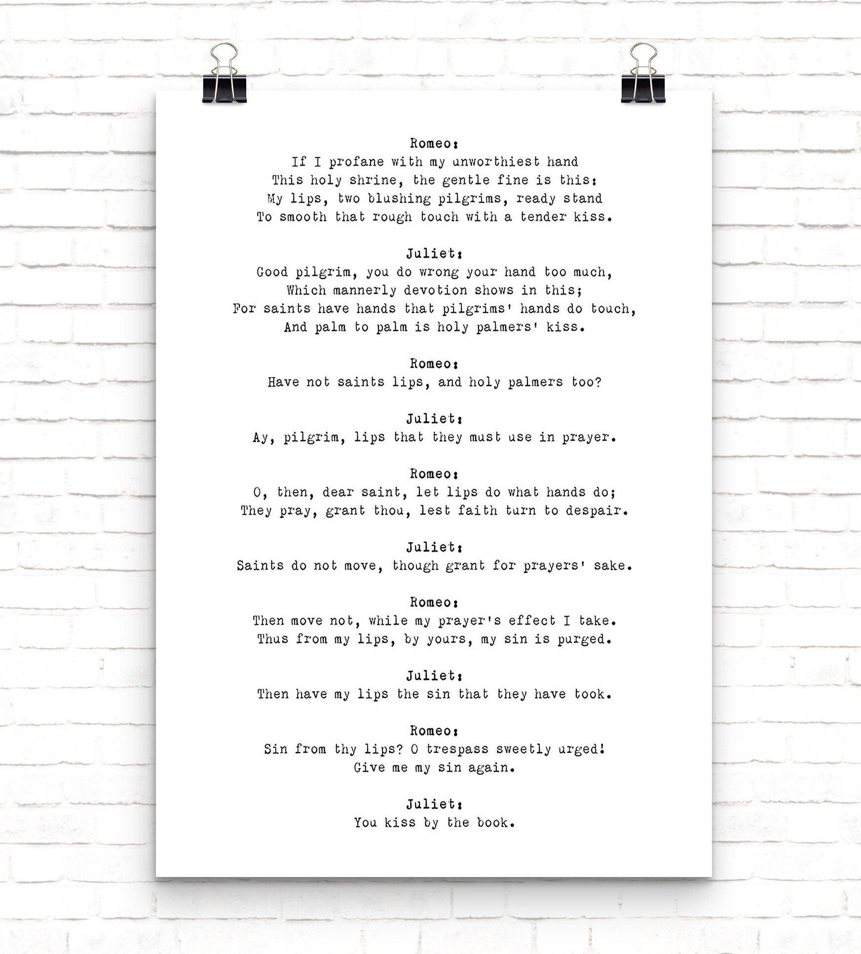 Romeo and Juliet Quote Love Print, Shakespeare Print in Black & White