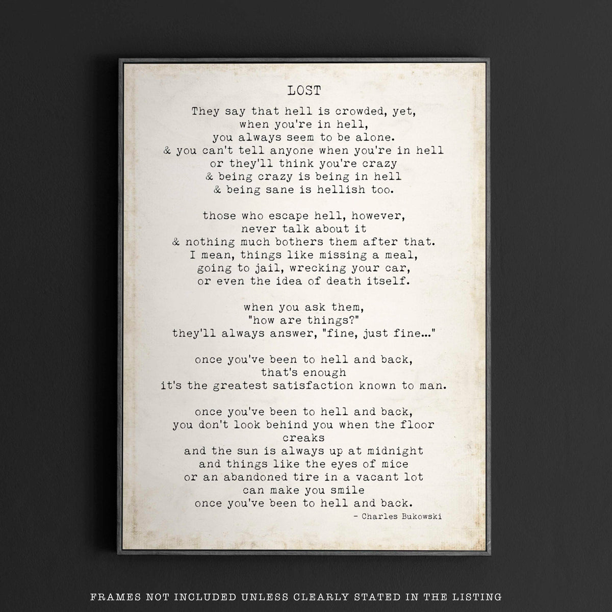 Charles Bukowski Poem Print – “Lost” Literary Wall Art, Minimalist Typewriter Style