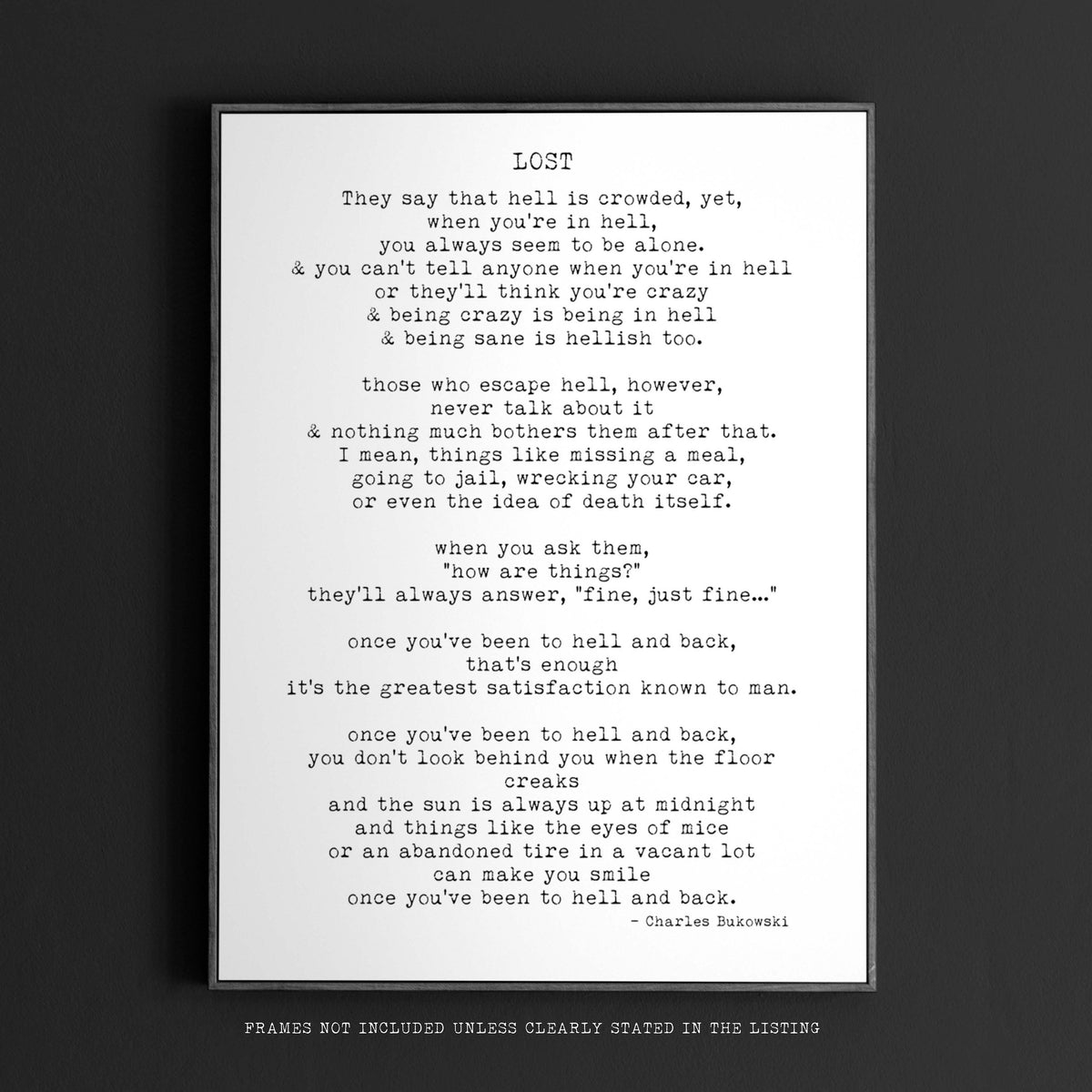 Charles Bukowski Poem Print – “Lost” Literary Wall Art, Minimalist Typewriter Style