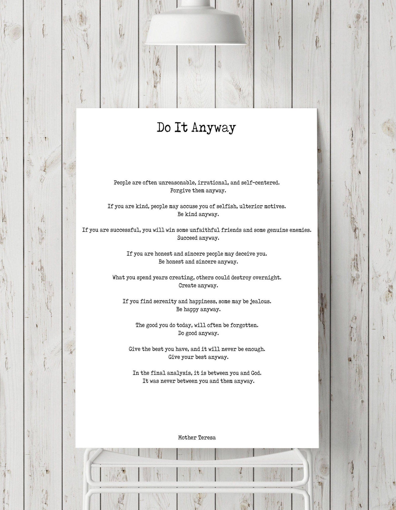 Do It Anyway Black & White Art Print Poster, Mother Teresa Poem Art