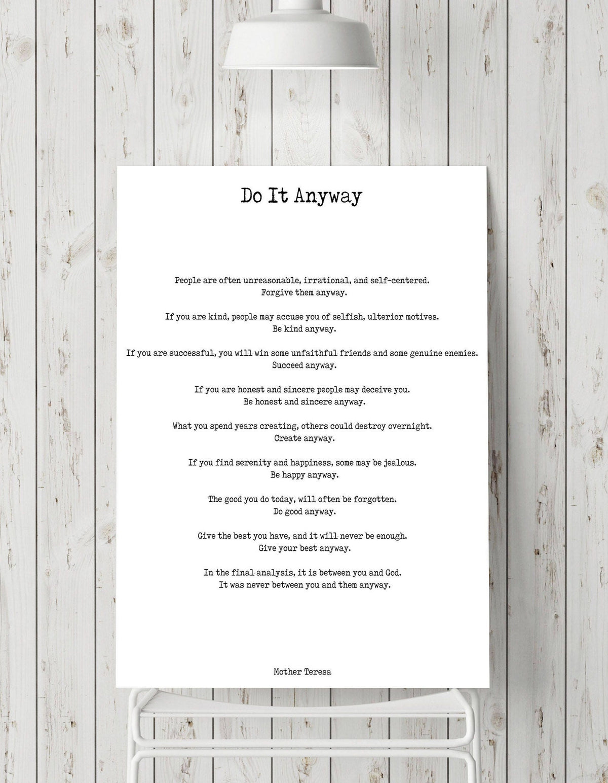 Do It Anyway Black & White Art Print Poster, Mother Teresa Poem Art