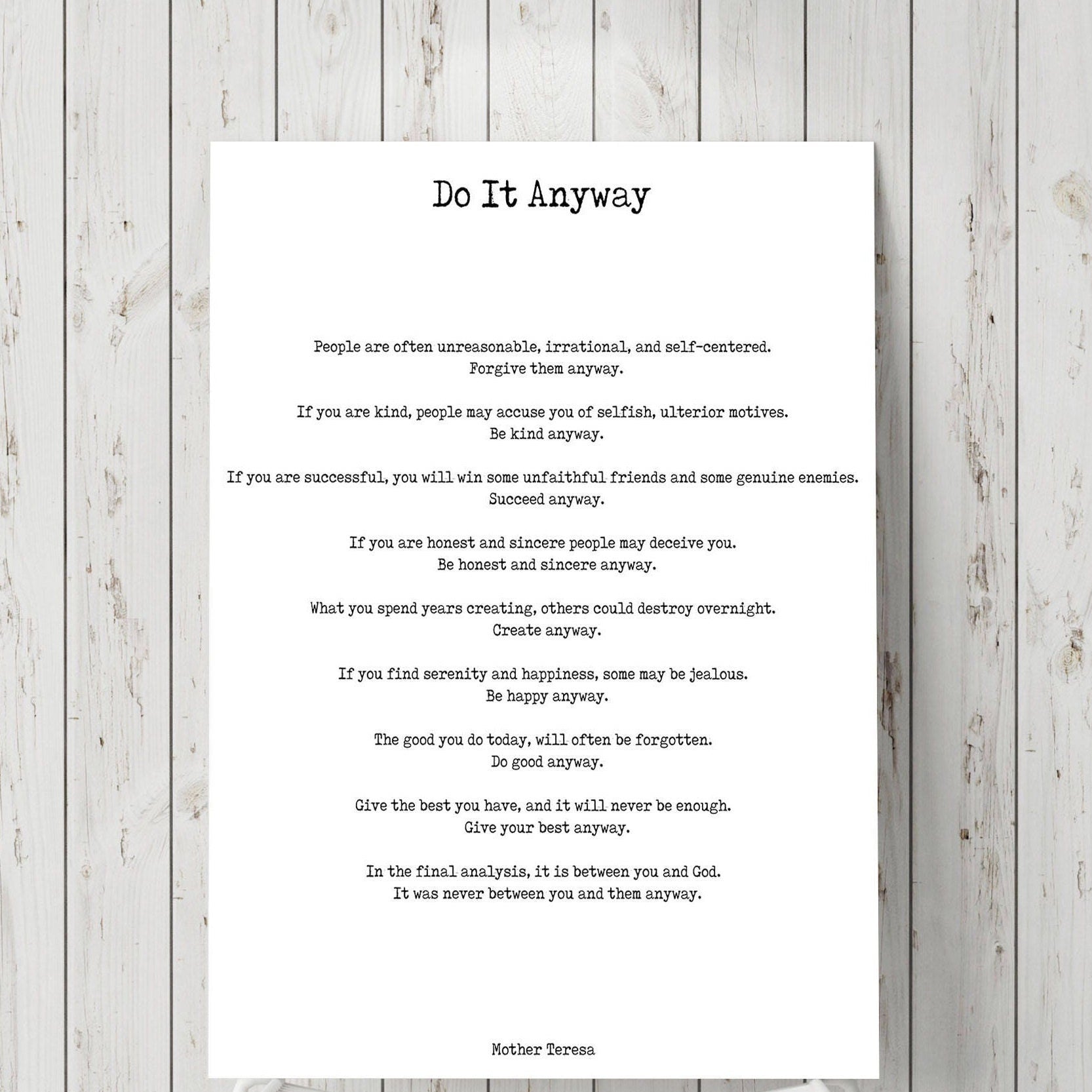 Do It Anyway Black & White Art Print Poster, Mother Teresa Poem Art