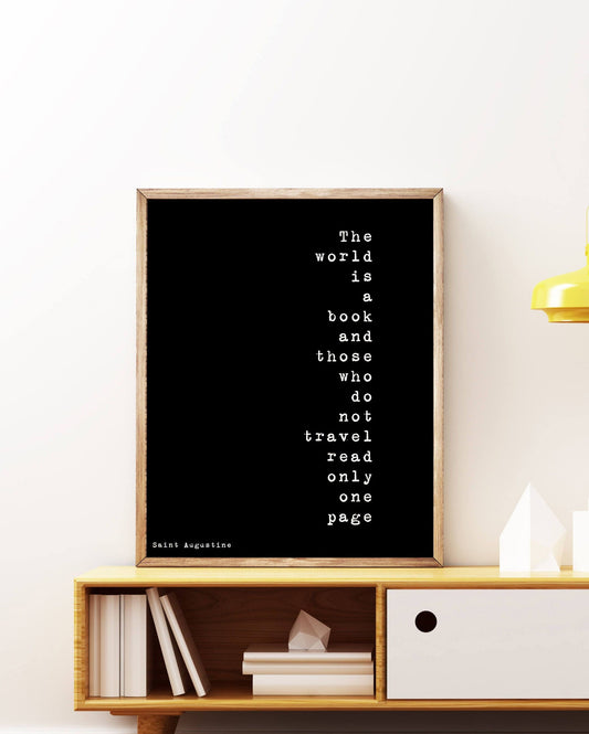 The World Is A Book Inspirational Quote, Travel Decor Quote Art Print in Black & White