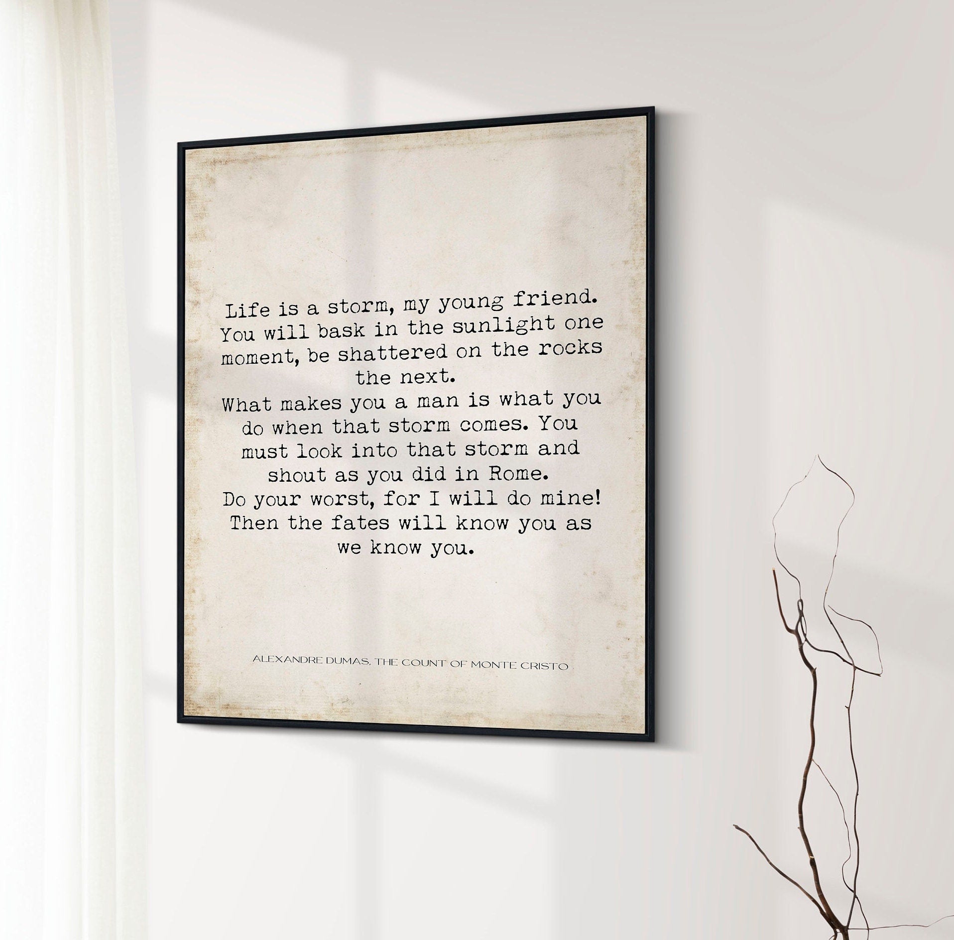 Count of Monte Cristo Quote Print Alexandre Dumas Literary Wall Art Vintage Book Quote Poster Inspirational Storm Quote Black White Decor