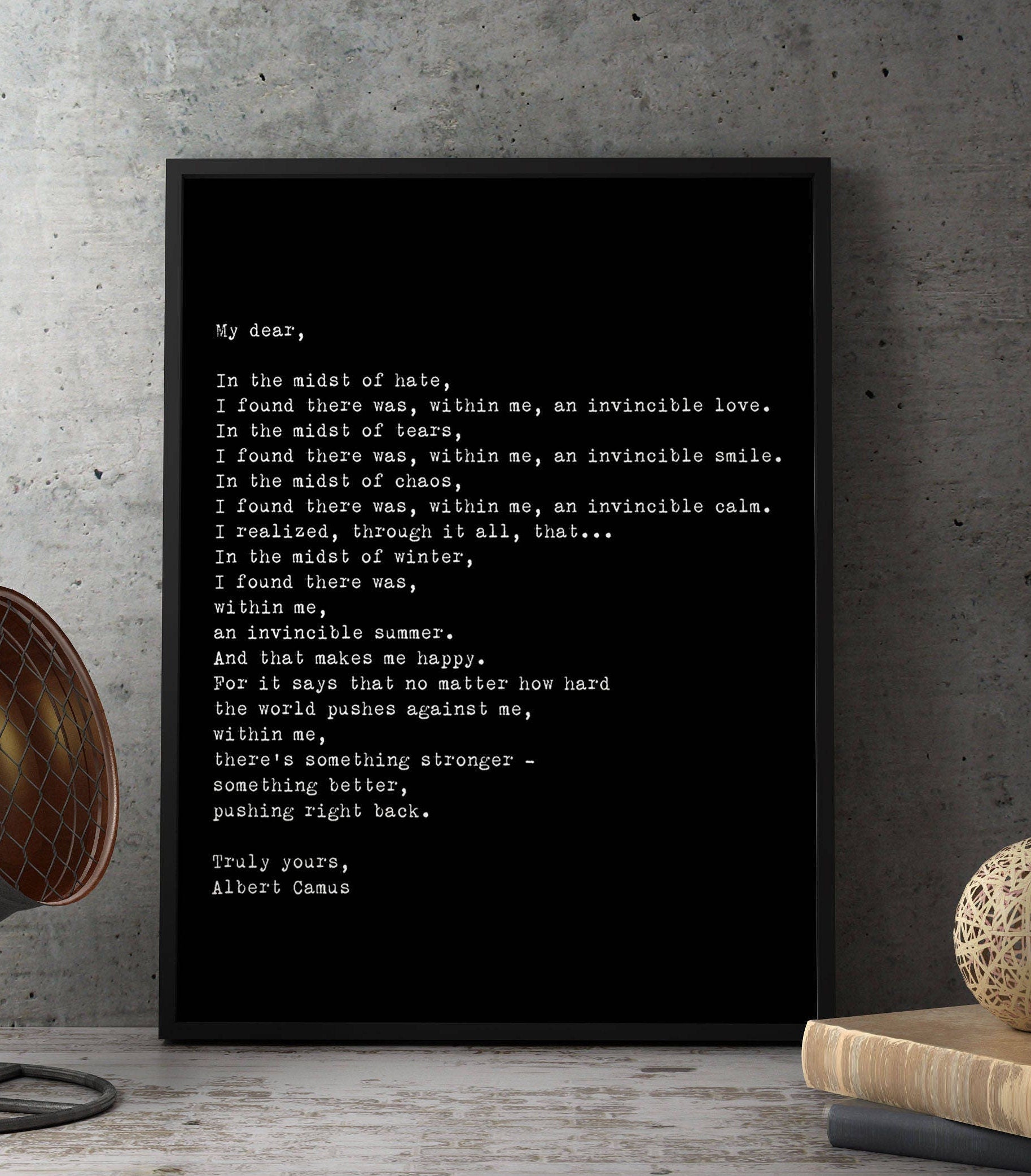 Framed wall art - Albert Camus quote, Framed Art Poster for Bedroom Decor