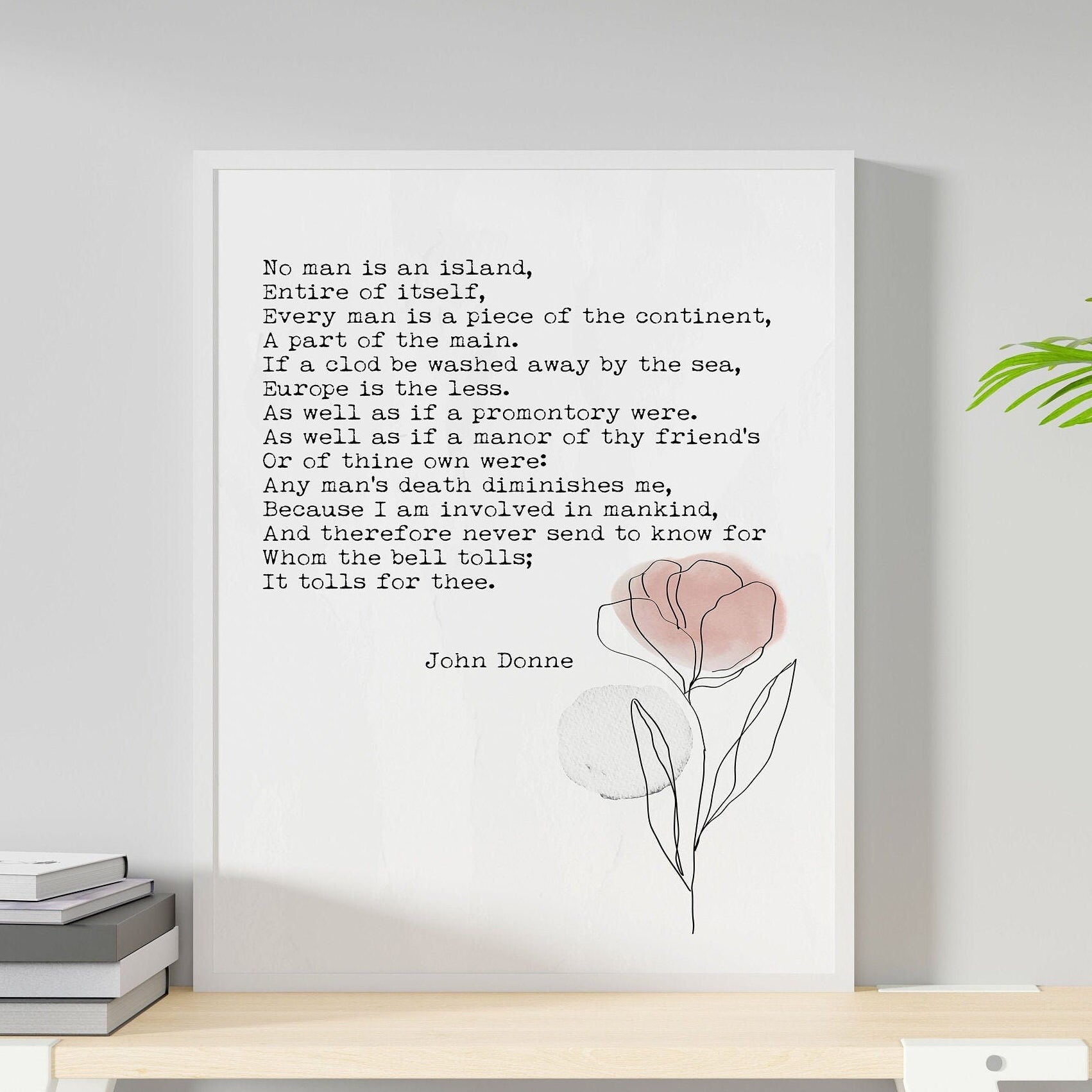 No Man Is An Island John Donne Wall Art Print Abstract Flower Watercolor Art for Living Room Wall Art