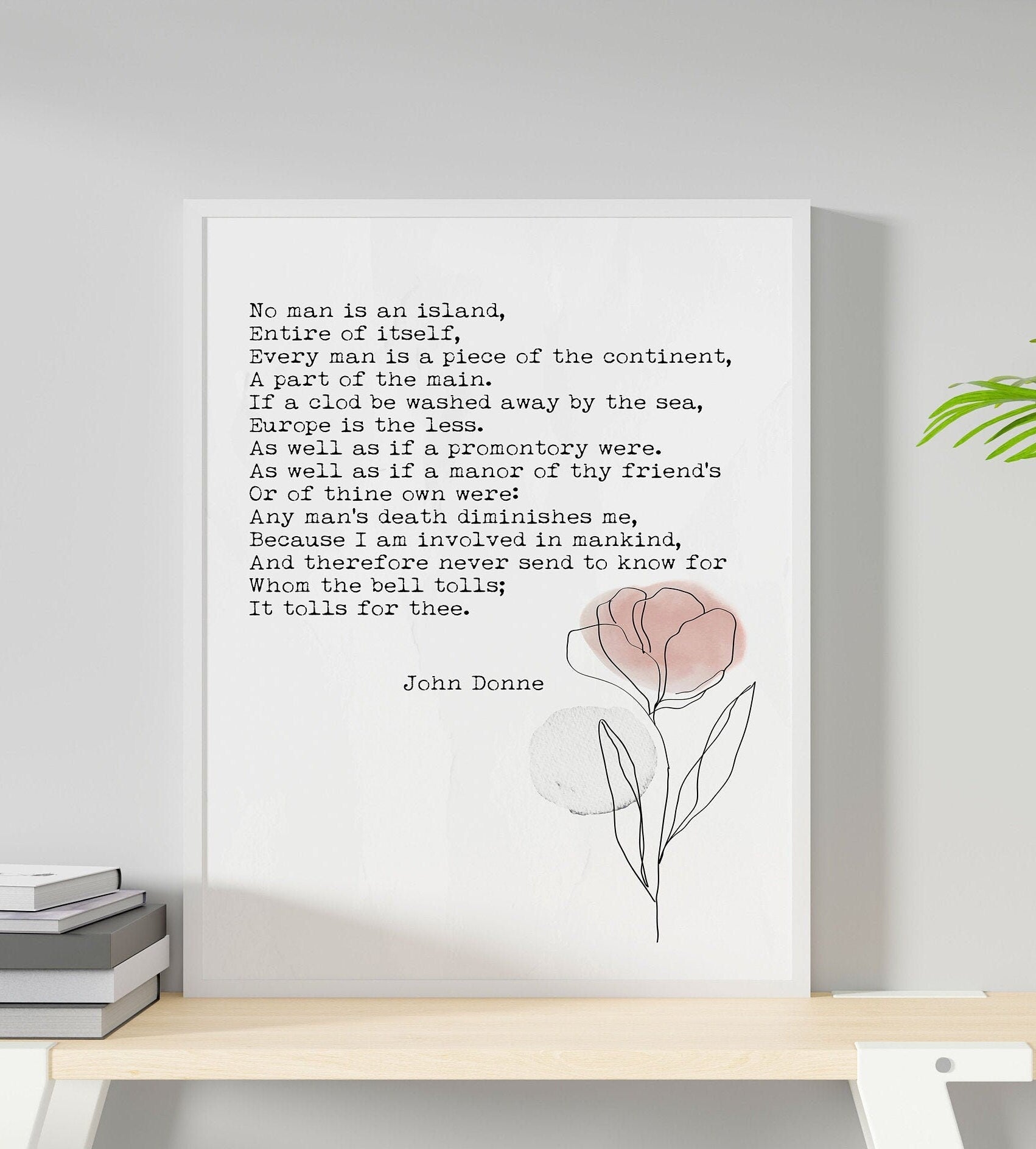 No Man Is An Island John Donne Wall Art Print Abstract Flower Watercolor Art for Living Room Wall Art