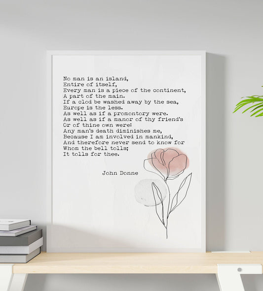 John Donne Poem Wall Art No Man Is An Island Classic Literature Quote Print