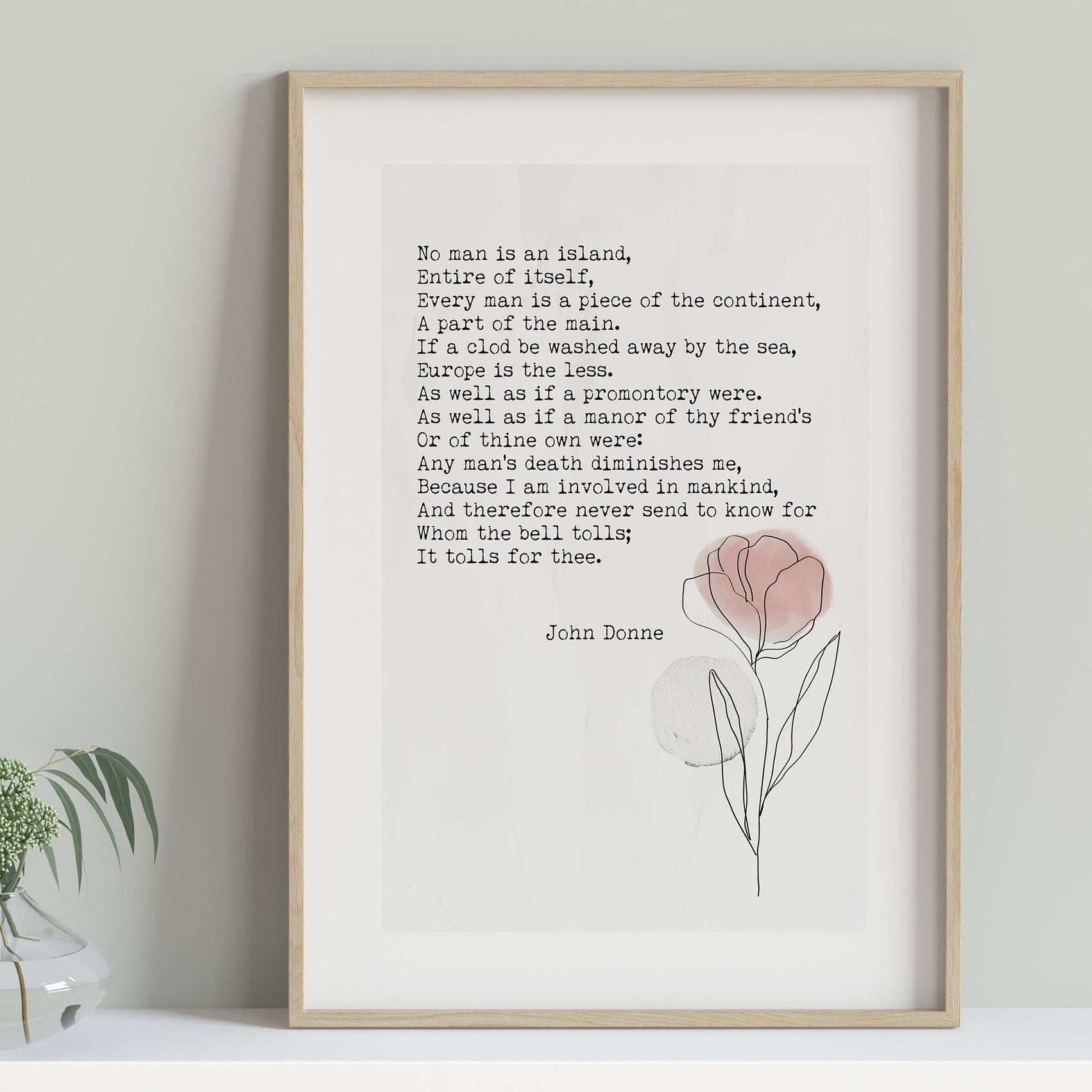 No Man Is An Island John Donne Wall Art Print Abstract Flower Watercolor Art for Living Room Wall Art