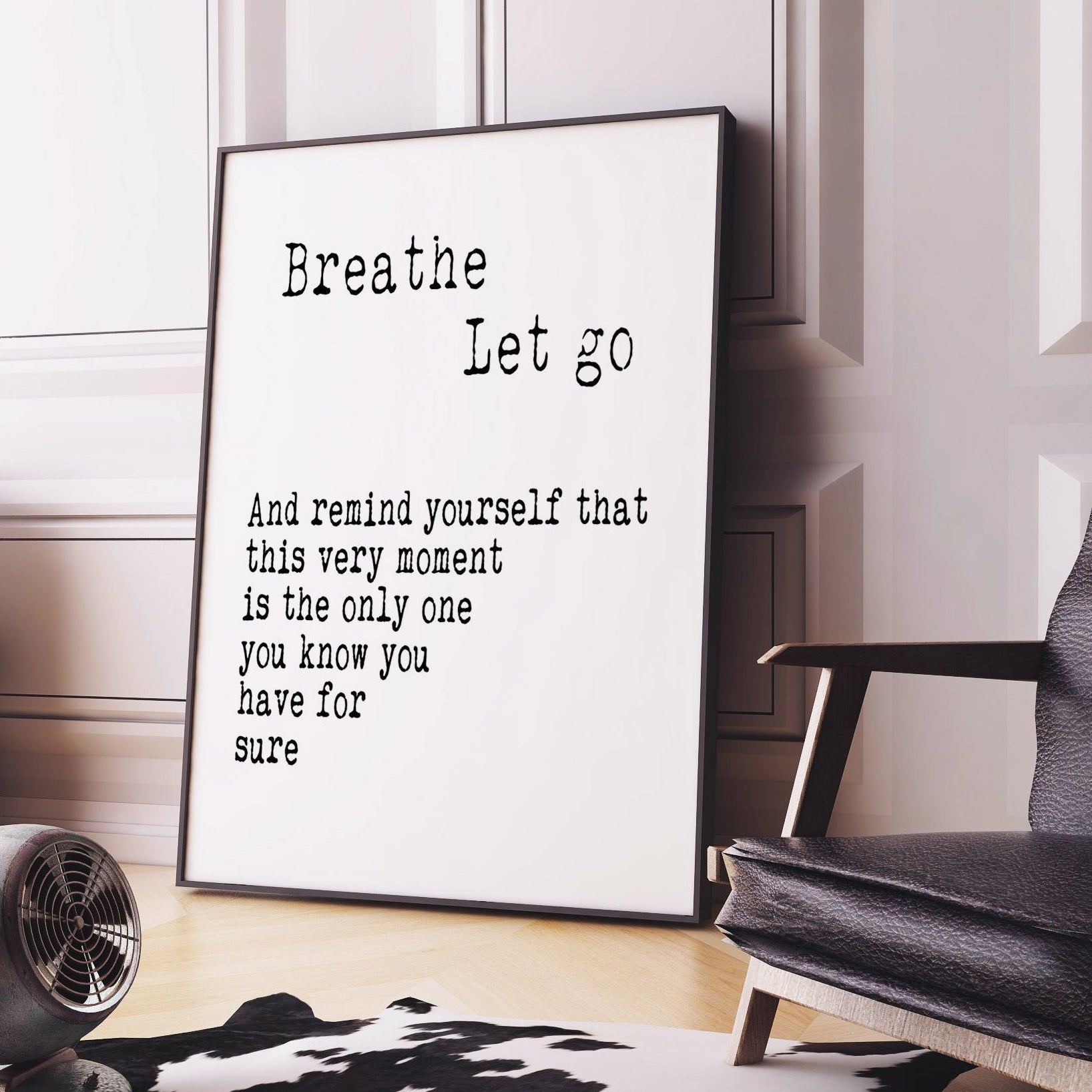 Breathe Let Go Quote Print, Motivational Minimalist Art in Black & White