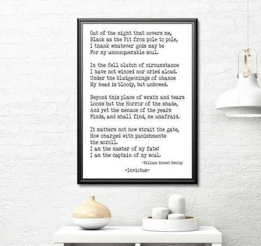 Invictus Poem Print William Ernest Henley Inspirational Wall Art