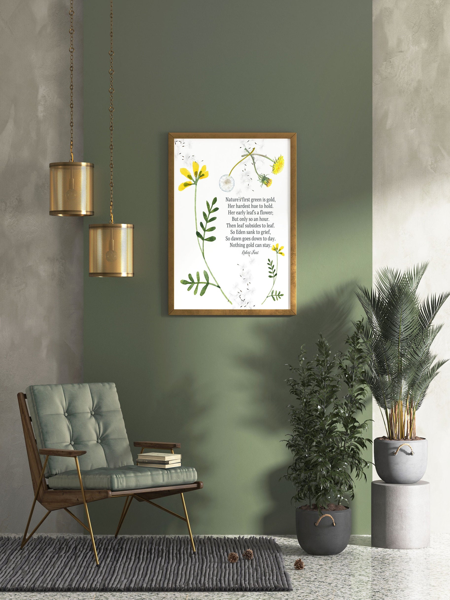 Robert Frost Poem Print – Nothing Gold Can Stay – Nature Wall Art with Dandelion Illustration – Framed or Unframed Poetry Gift