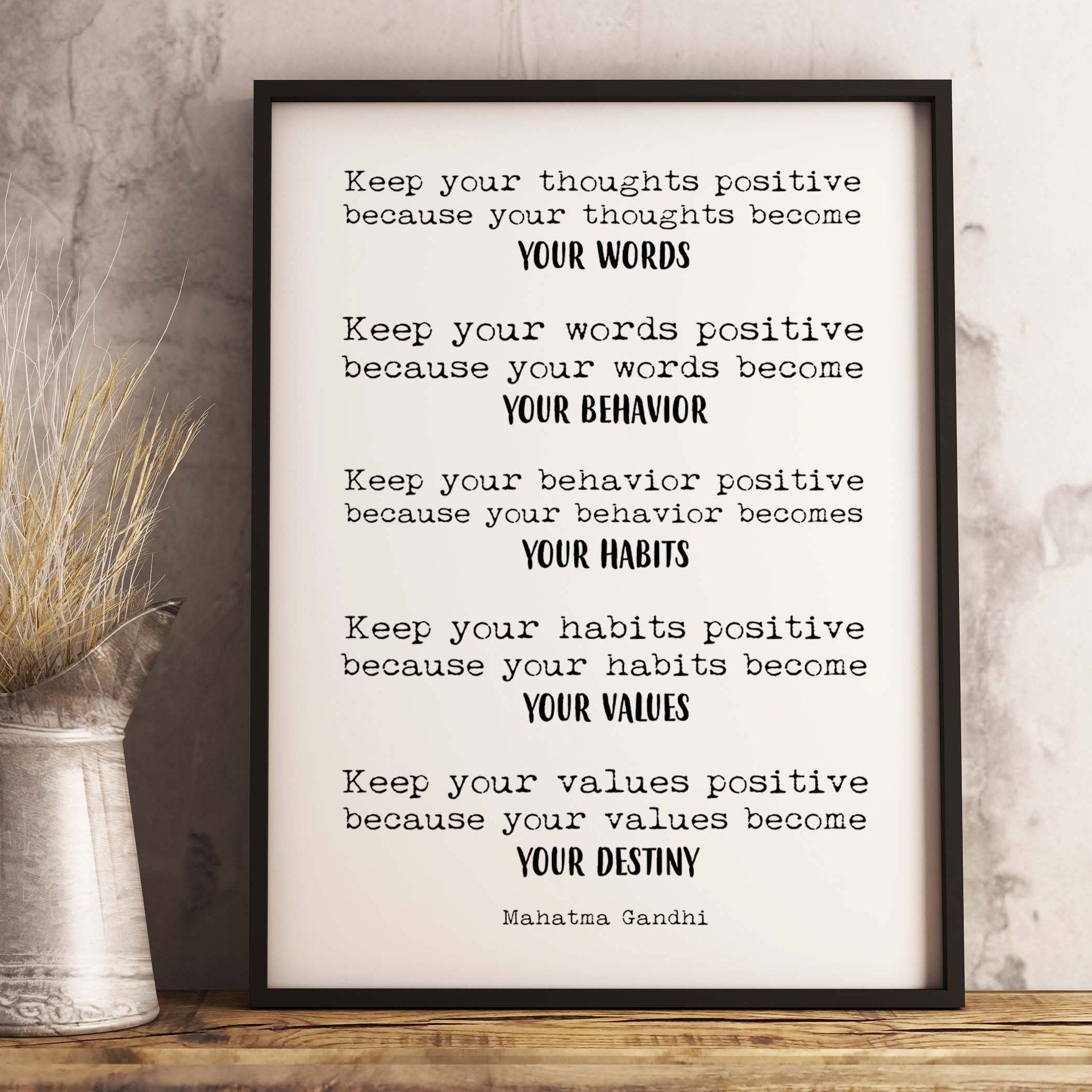Framed Mahatma Gandhi Quote Print Keep Your Thoughts Positive Typography Art