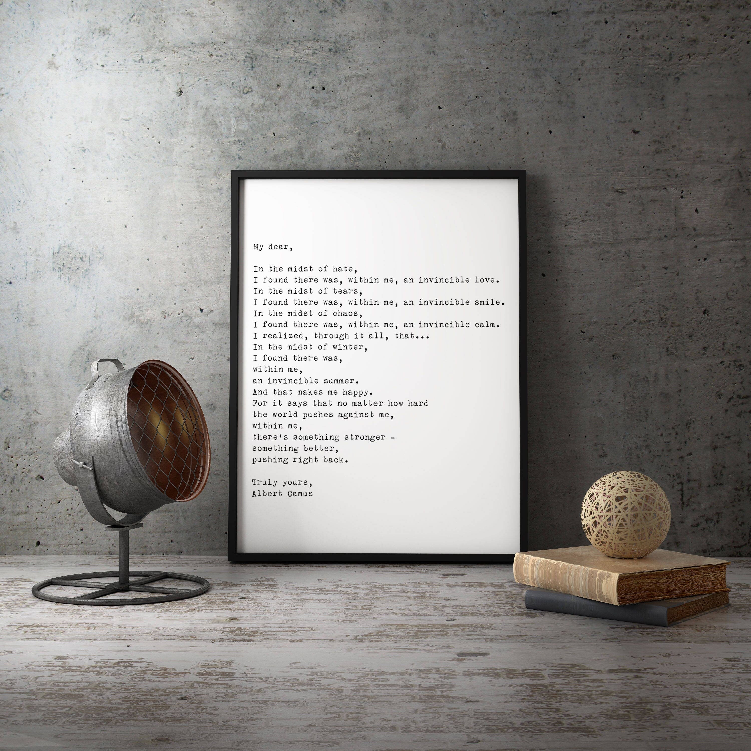 Large Wall Art Framed Albert Camus Invincible Summer, 16x20 or 18x24 in Black & White