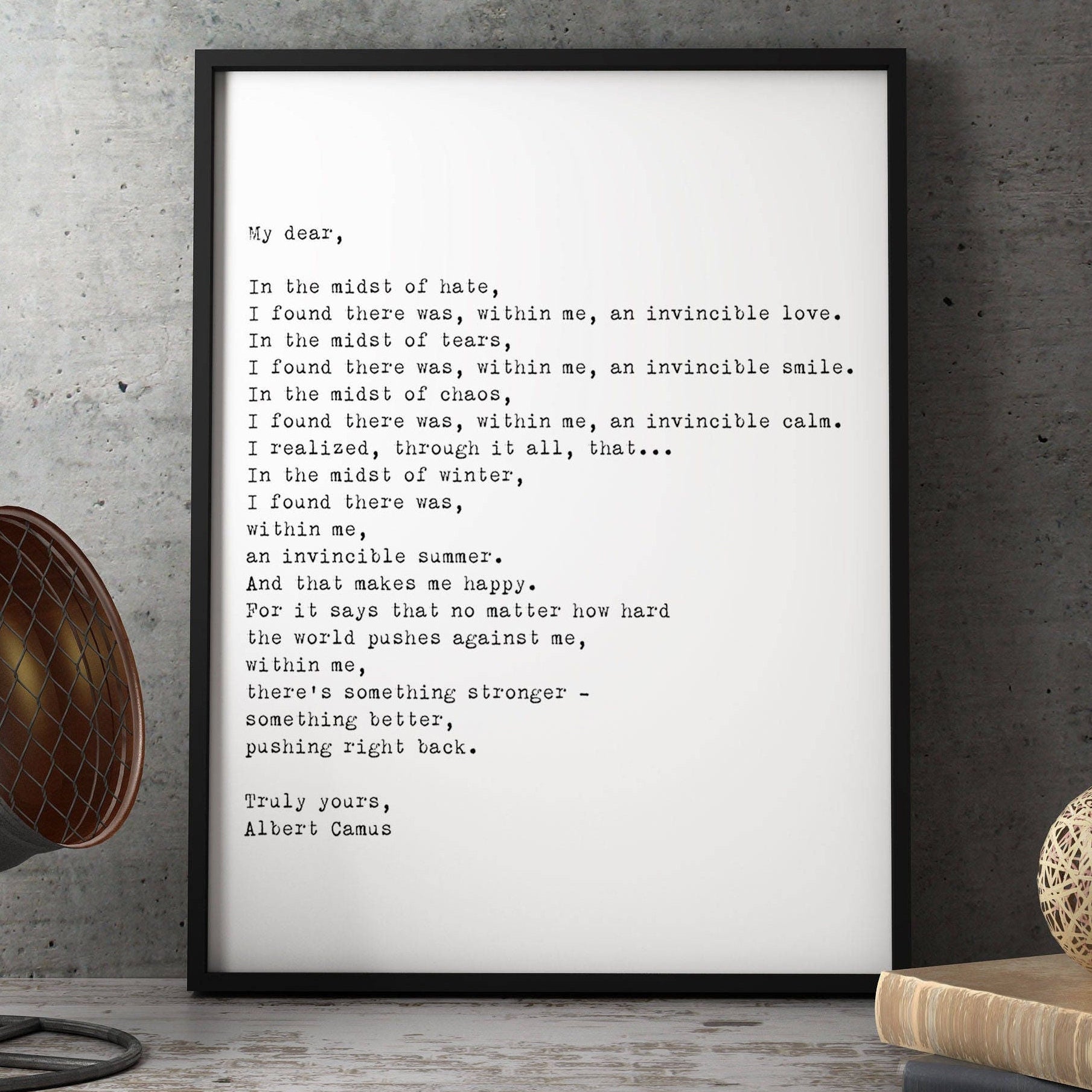 Framed wall art - Albert Camus quote, Framed Art Poster for Bedroom Decor